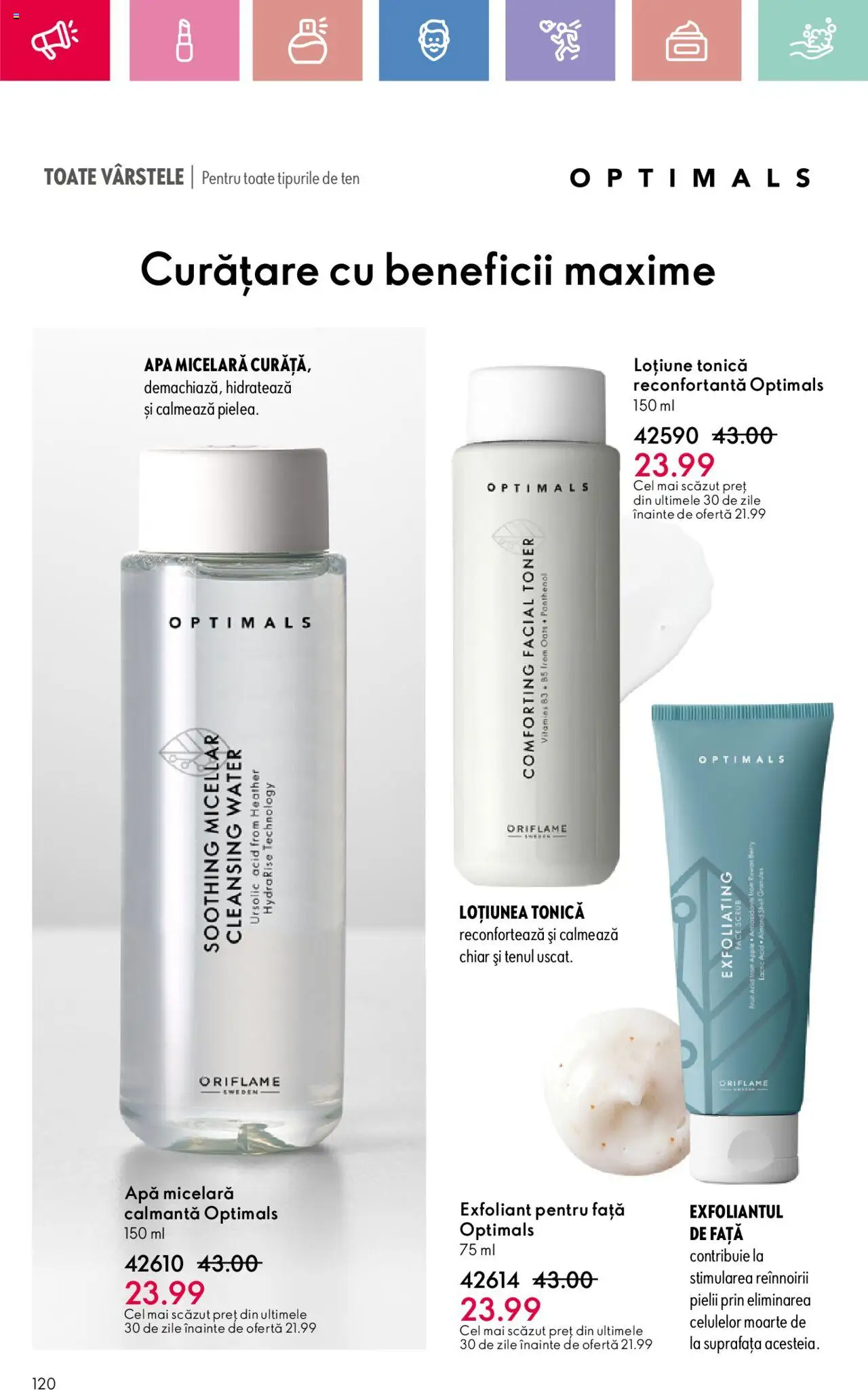 Catalog Oriflame 2 - 22 Martie 2025 | Pagina 120 | Produse: Loțiune tonică, Exfoliant, Scrub, Apă micelară
