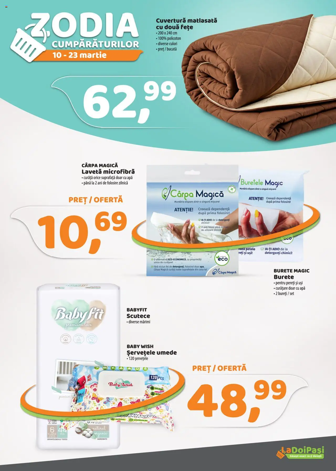 Catalog La Doi Pași 1 - 31 Martie 2025 | Pagina 12 | Produse: Burete, Șervețele umede, Scutece, Apă