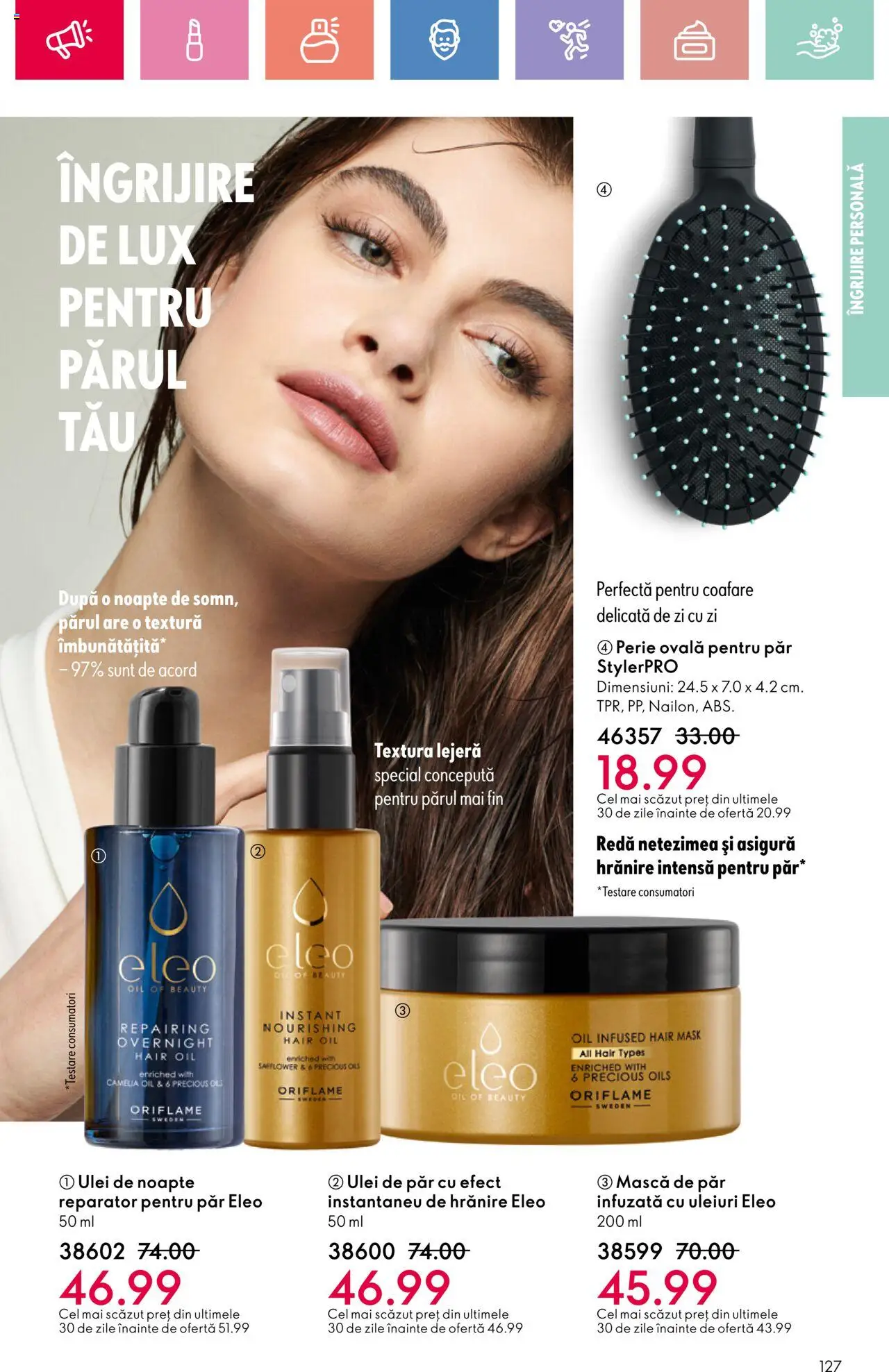 Catalog Oriflame 23 Martie - 12 Aprilie 2025 | Pagina 127 | Produse: Perie, Mască de păr, Ulei de păr, Ulei