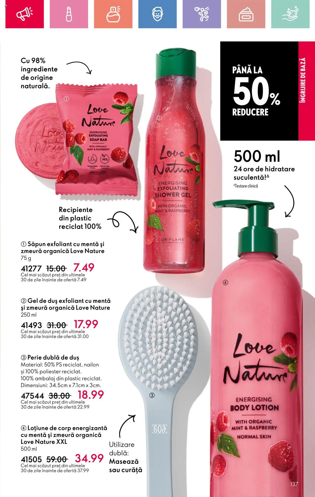 Catalog Oriflame 23 Martie - 12 Aprilie 2025 | Pagina 137 | Produse: Zmeură, Body, Perie, Gel de duș