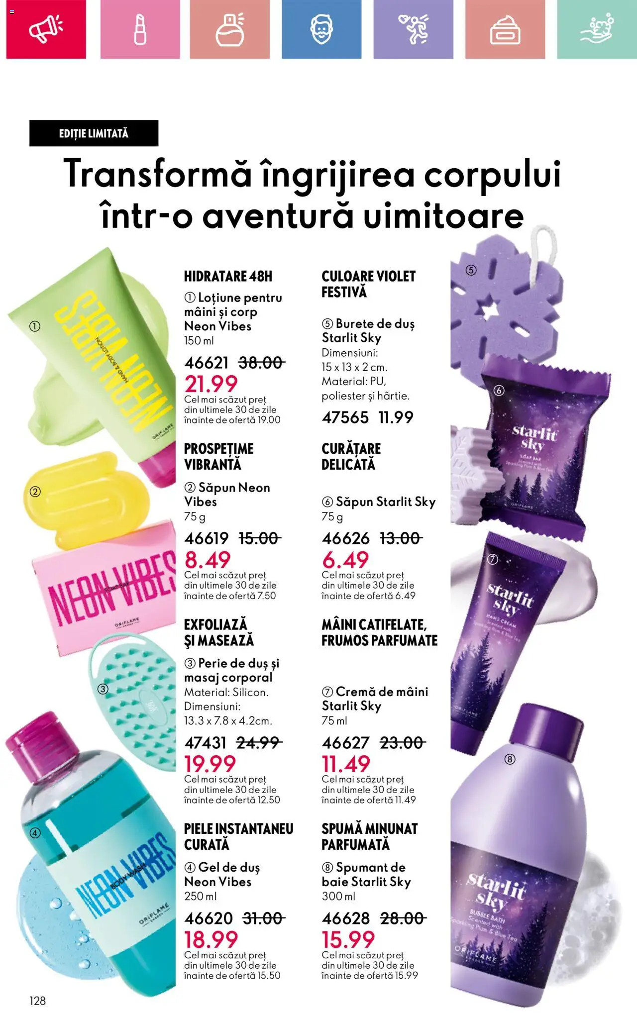 Catalog Oriflame 13 Aprilie - 3 Mai 2025 | Pagina 128 | Produse: Burete, Cremă, Cremă de mâini, Gel de duș