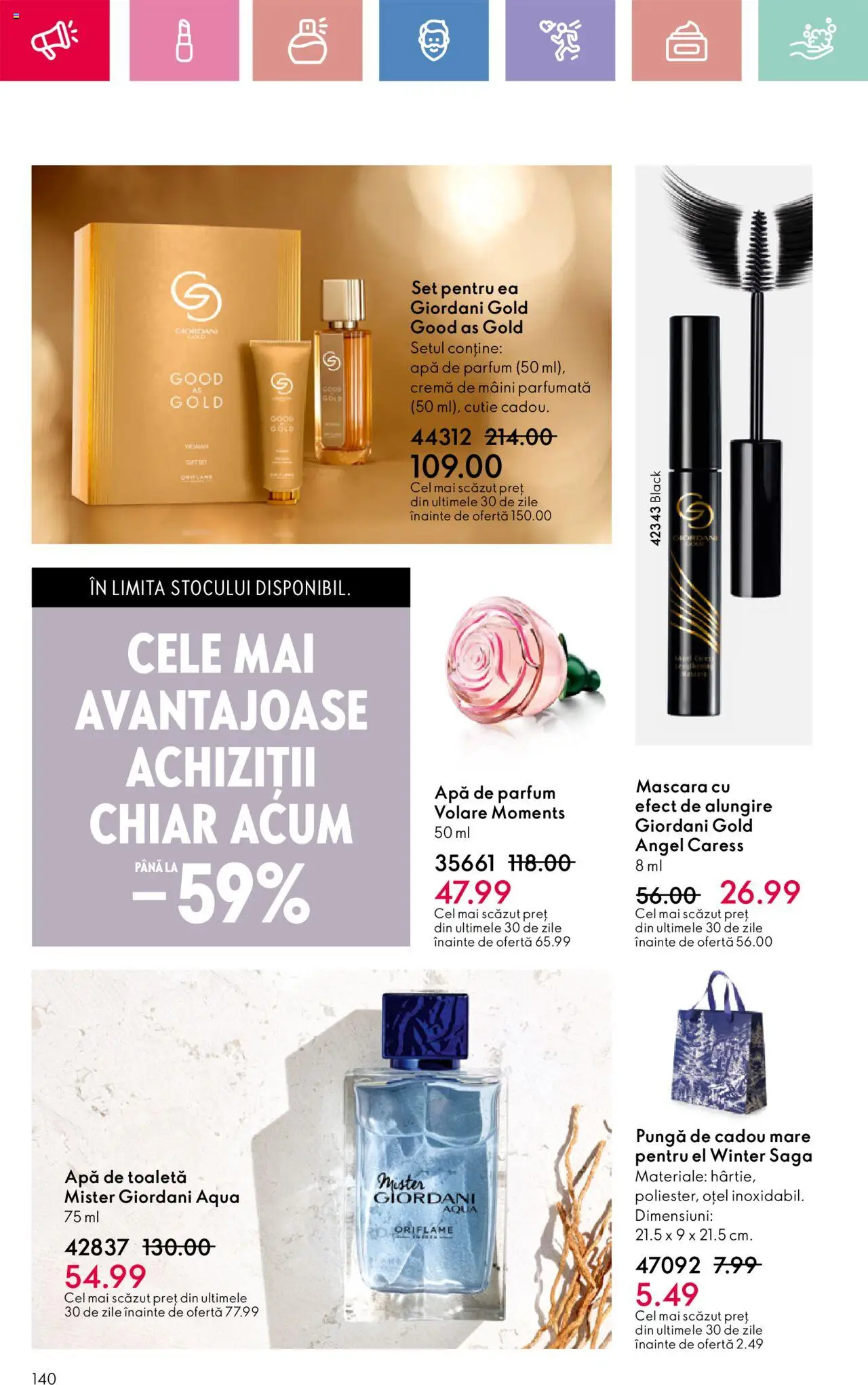 Catalog Oriflame 13 Aprilie - 3 Mai 2025 | Pagina 140 | Produse: Apă de parfum, Pungă, Cremă de mâini, Apă