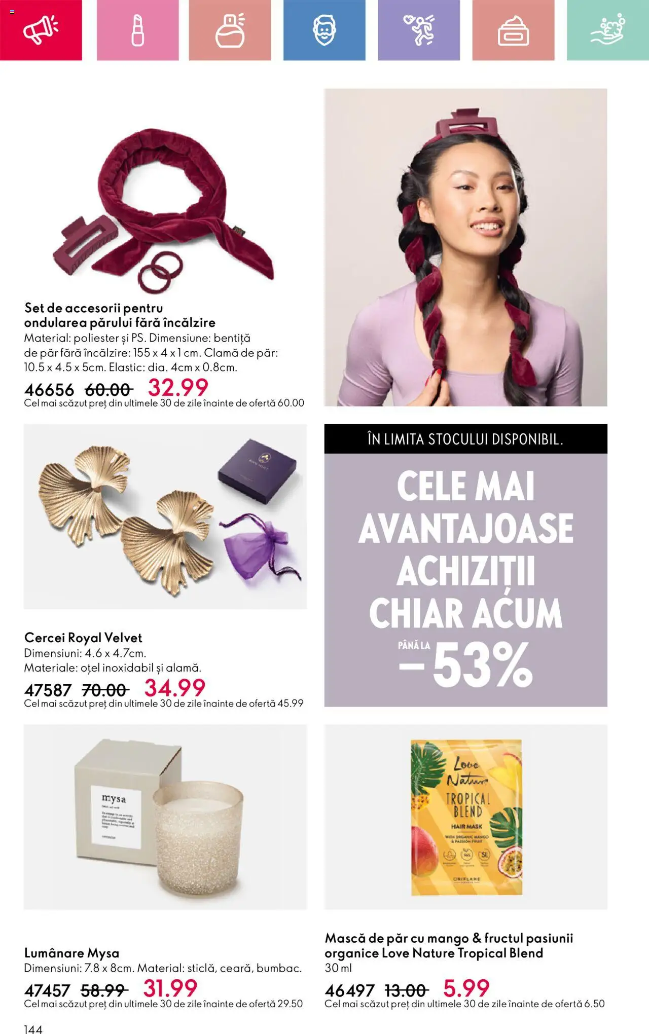 Catalog Oriflame 13 Aprilie - 3 Mai 2025 | Pagina 144 | Produse: Bentiță de păr, Lumânare, Mască de păr, Mango