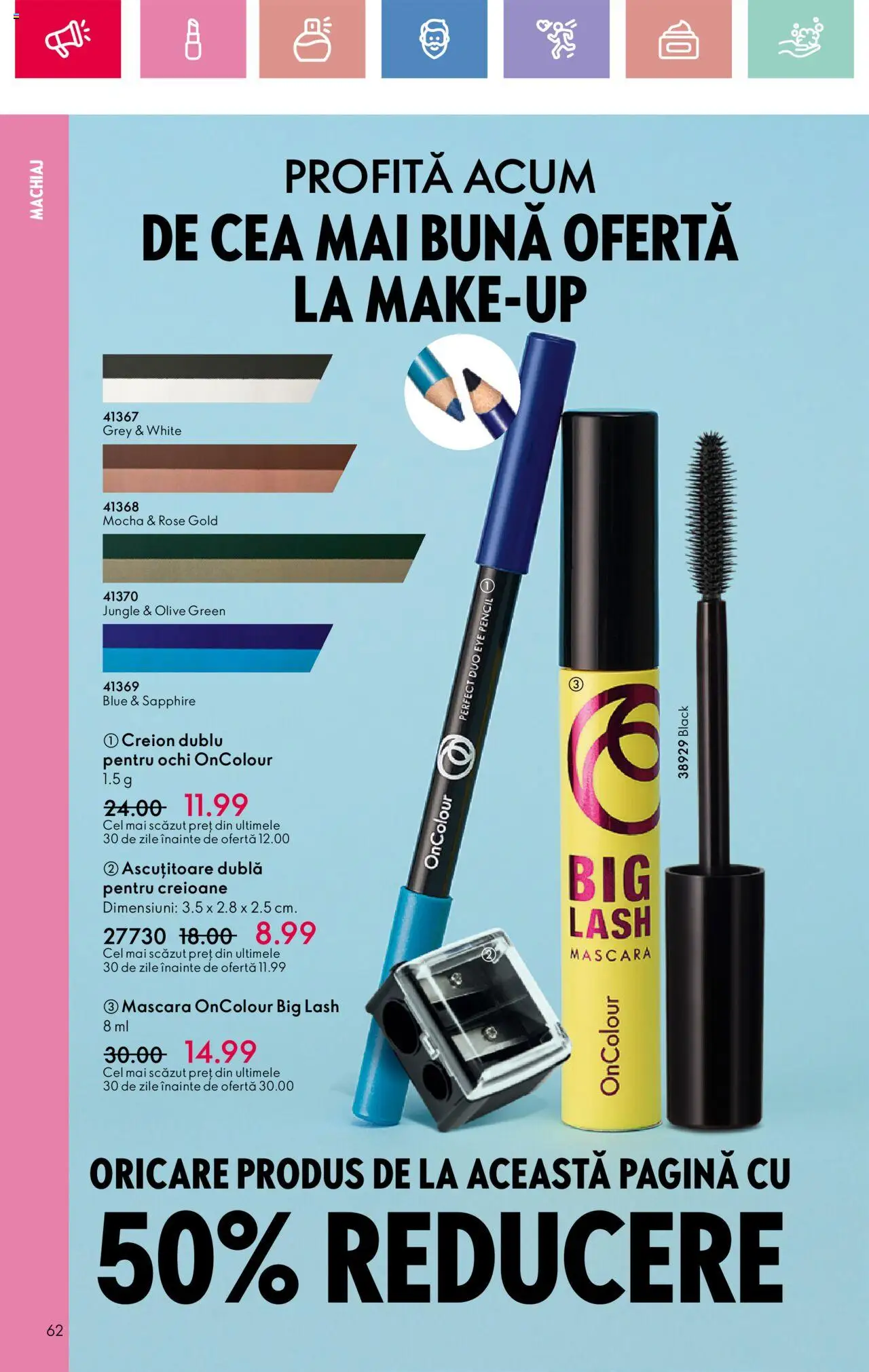 Catalog Oriflame 13 Aprilie - 3 Mai 2025 | Pagina 62 | Produse: Ascuțitoare, Machiaj, Mascara