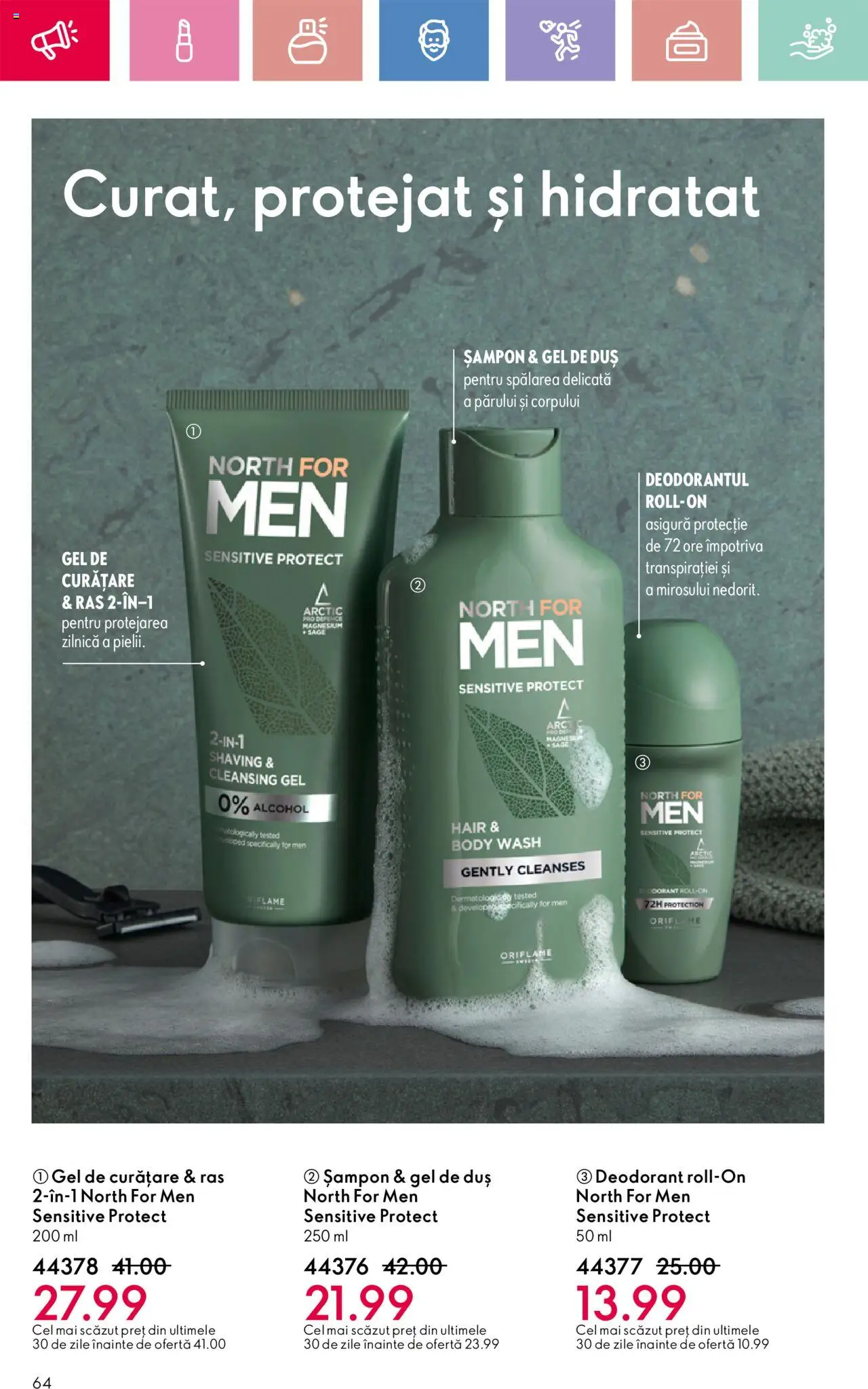 Catalog Oriflame 13 Aprilie - 3 Mai 2025 | Pagina 64 | Produse: Gel de curățare, Duș, Șampon, Gel de duș