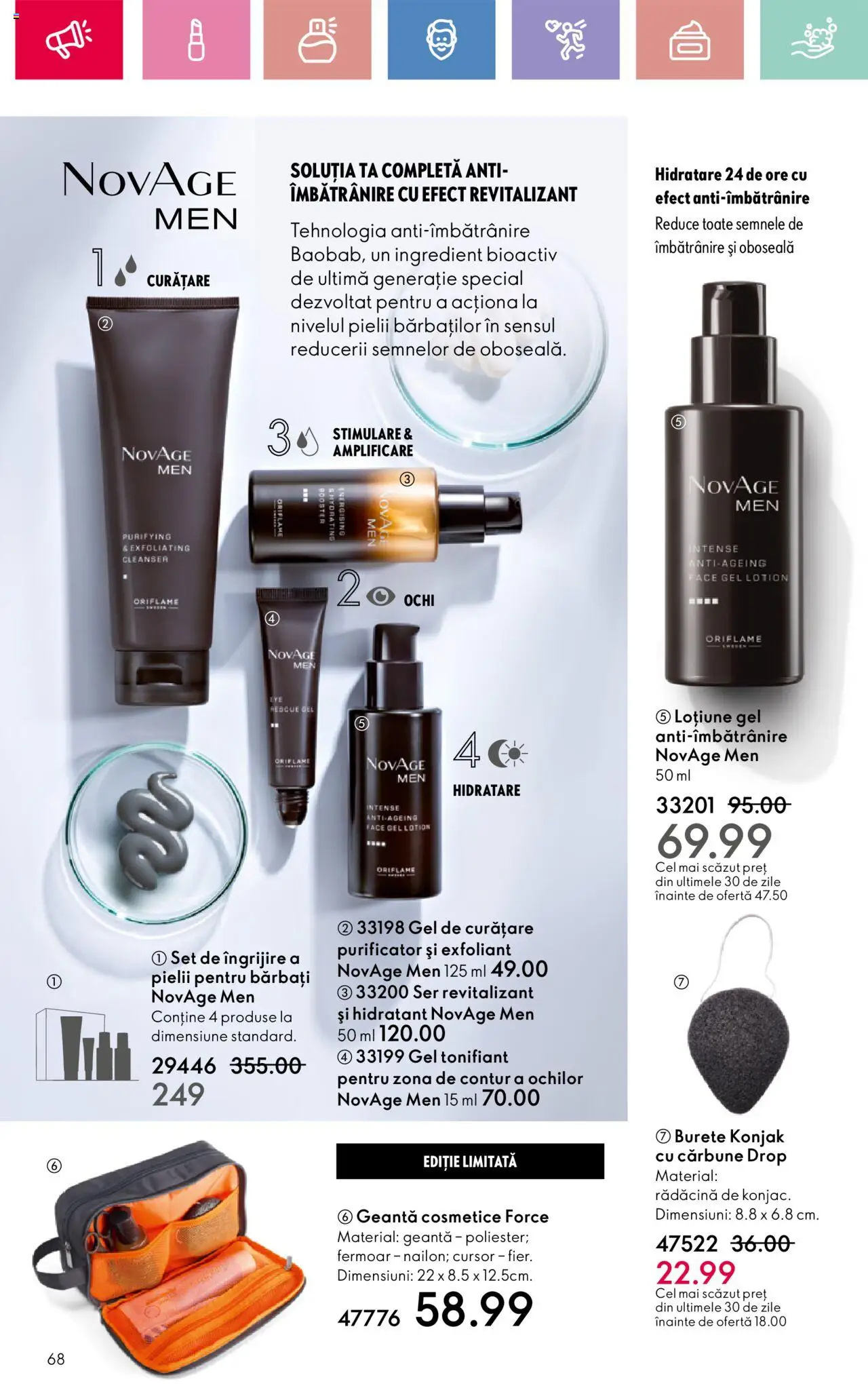 Catalog Oriflame 13 Aprilie - 3 Mai 2025 | Pagina 68 | Produse: Exfoliant, Gel tonifiant, Geantă, Burete