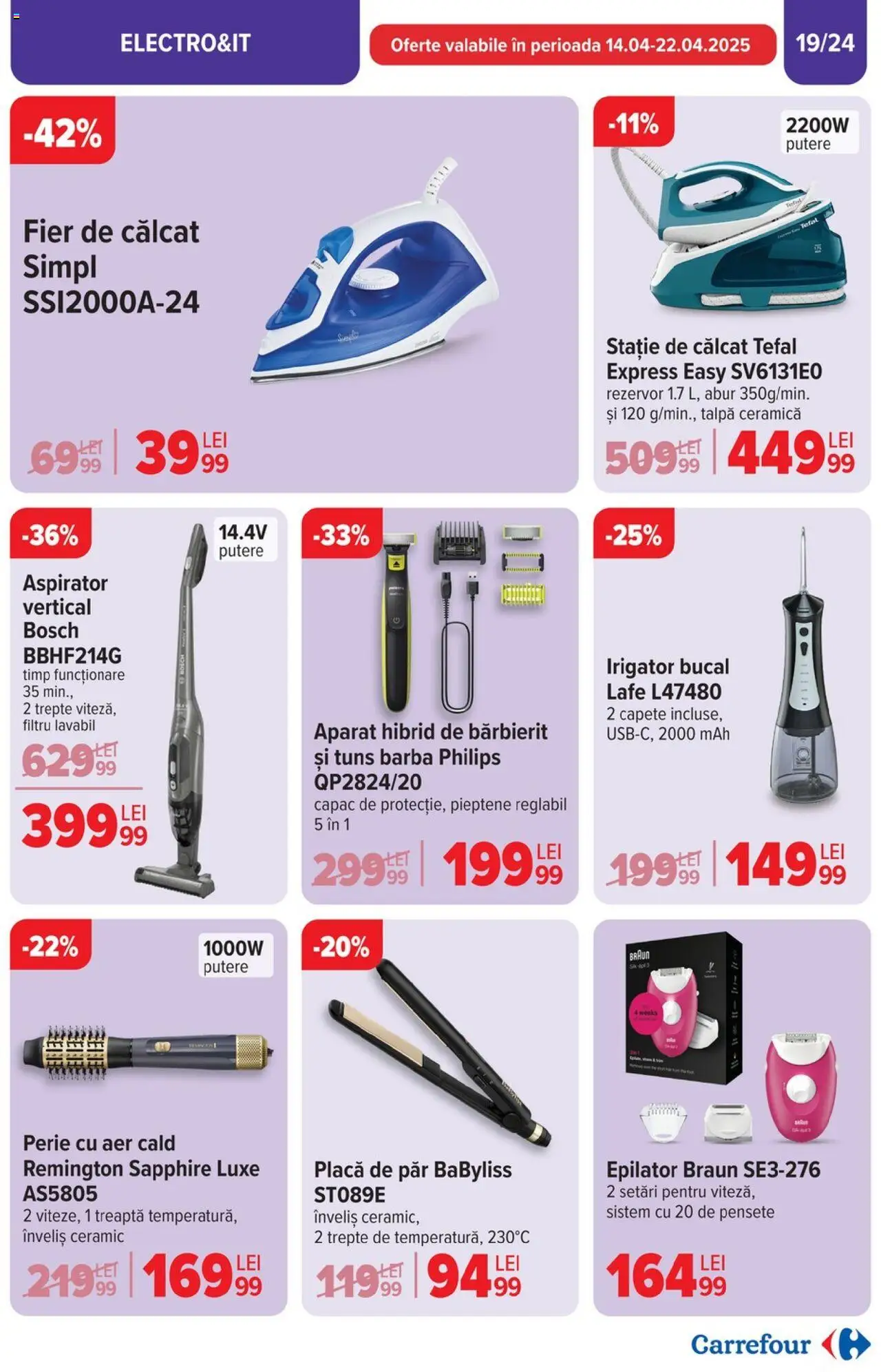 Catalog Carrefour 10 - 22 Aprilie 2025 | Pagina 19 | Produse: Pieptene, Fier de călcat, Aspirator, Epilator