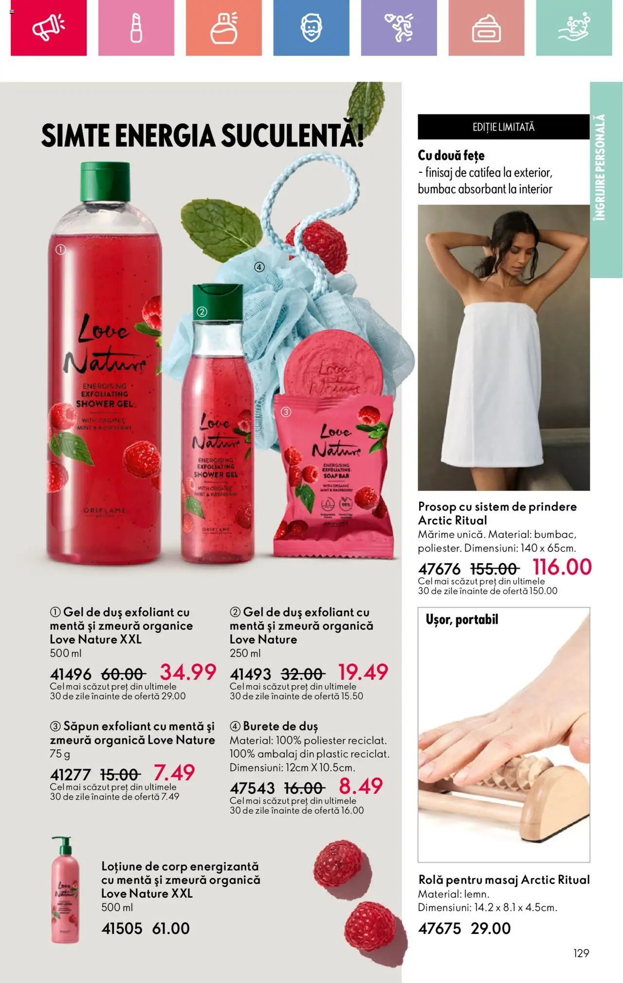 Catalog Oriflame 4 - 24 Mai 2025 | Pagina 129 | Produse: Zmeură, Exfoliant, Duș, Săpun