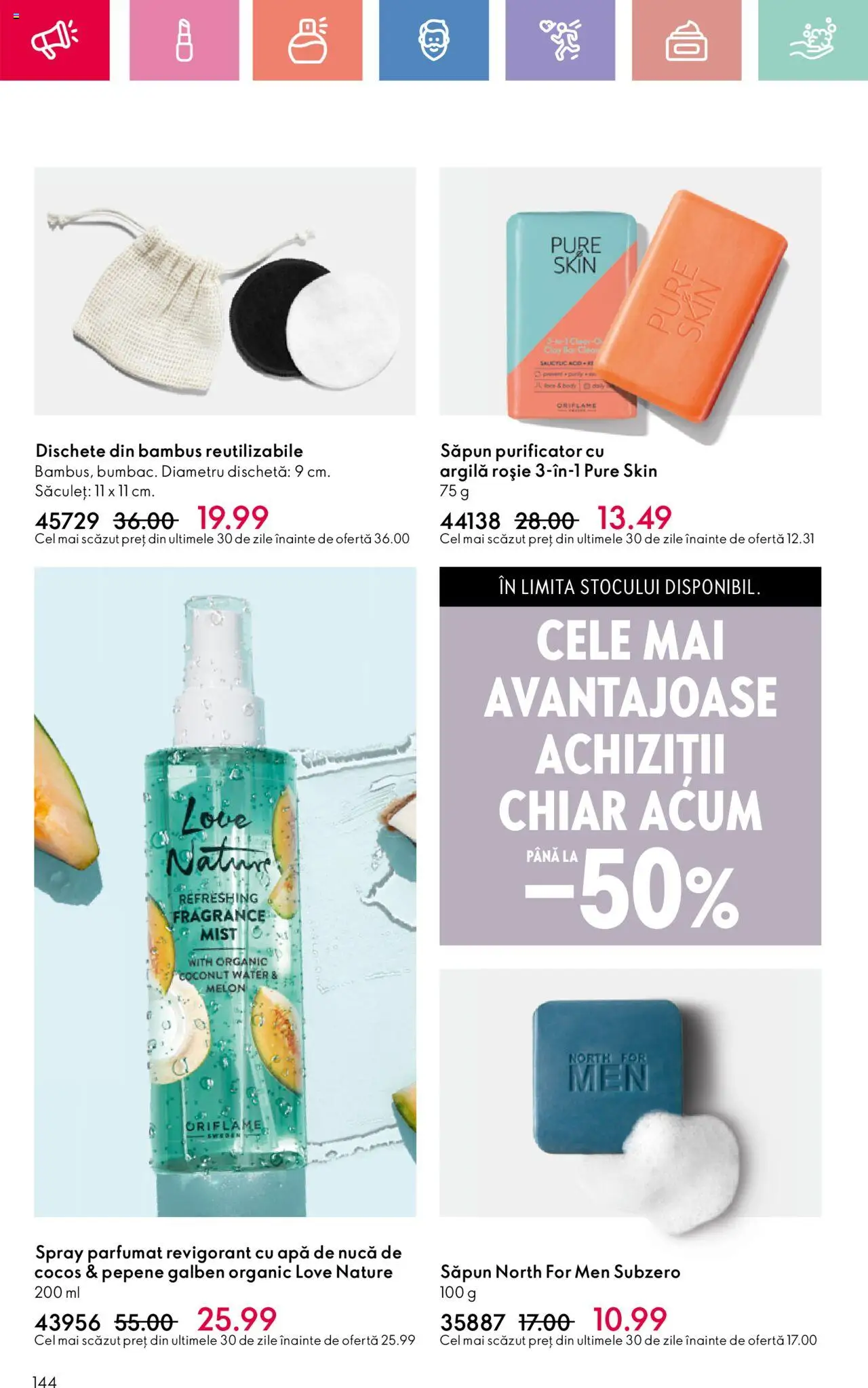 Catalog Oriflame 4 - 24 Mai 2025 | Pagina 144 | Produse: Pepene Galben, Body, Săpun, Apă