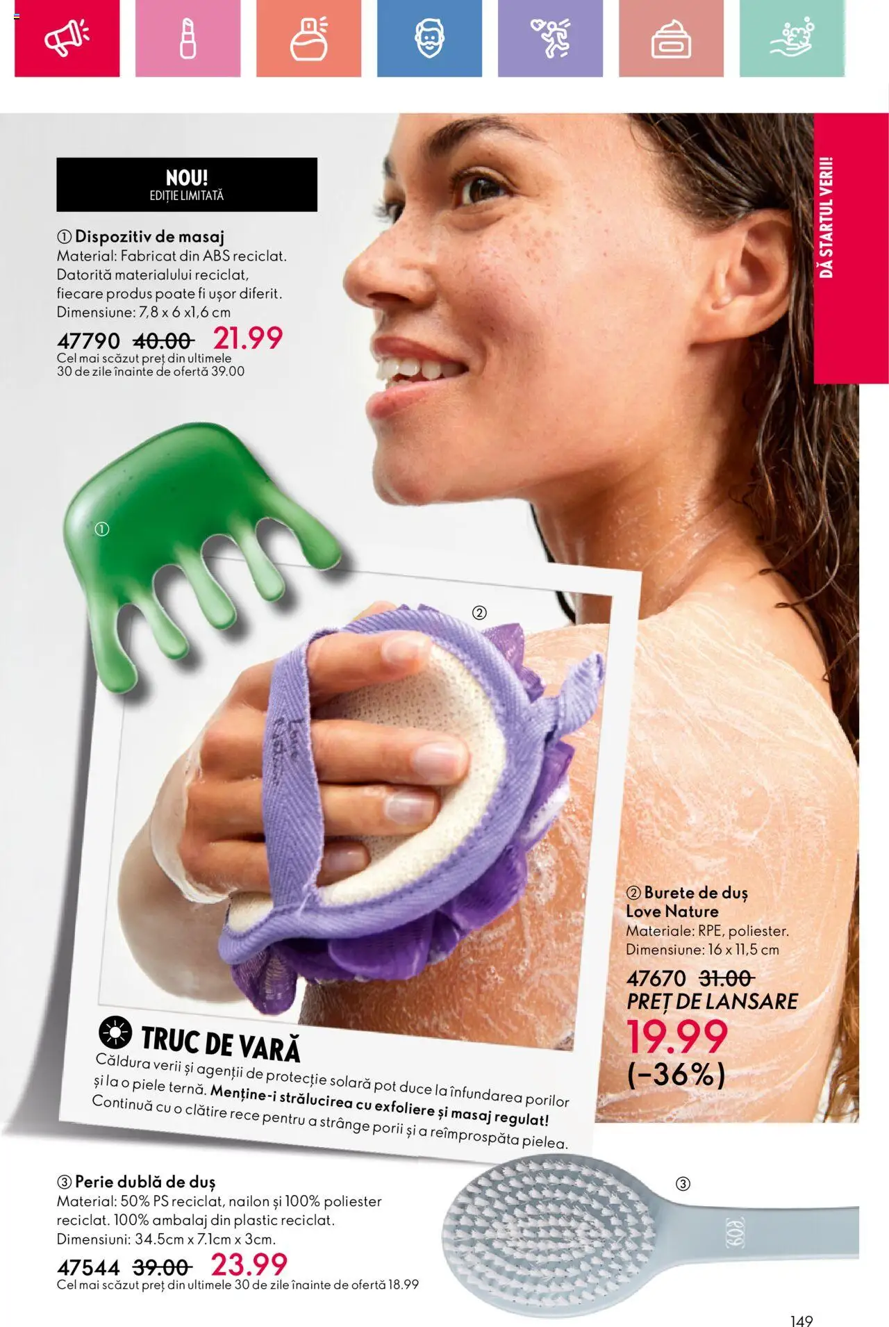 Catalog Oriflame 4 - 24 Mai 2025 | Pagina 149 | Produse: Duș, Perie, Burete, Protecție solară