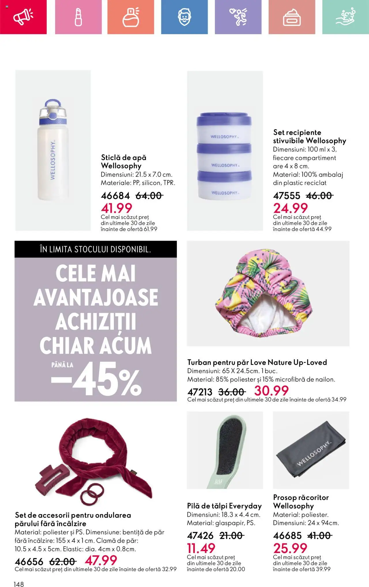 Catalog Oriflame 25 Mai - 14 Iunie 2025 | Pagina 148 | Produse: Bentiță de păr, Pilă de tălpi, Recipiente, Apă
