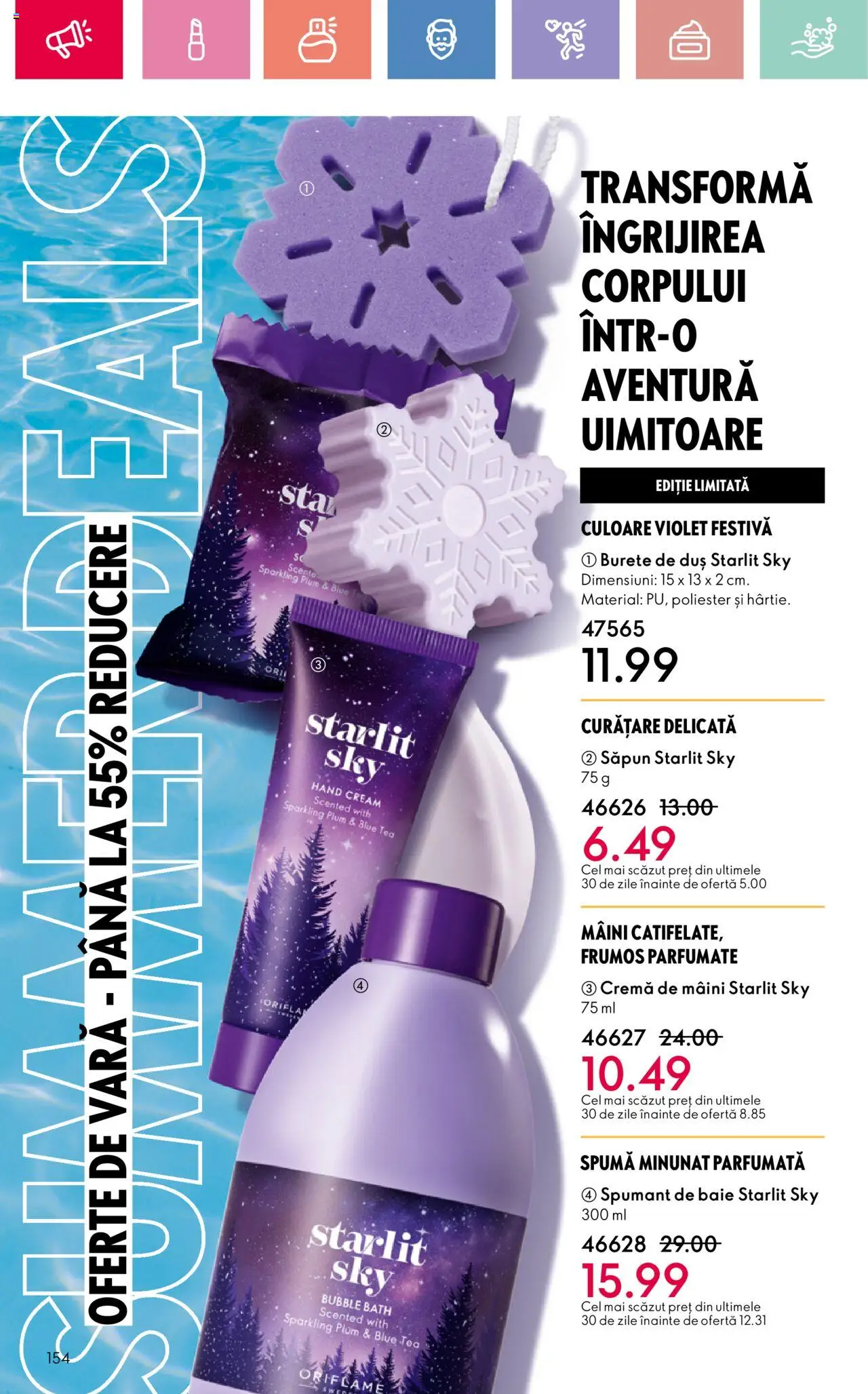 Catalog Oriflame 25 Mai - 14 Iunie 2025 | Pagina 154 | Produse: Burete, Cremă, Cremă de mâini, Spumant de baie