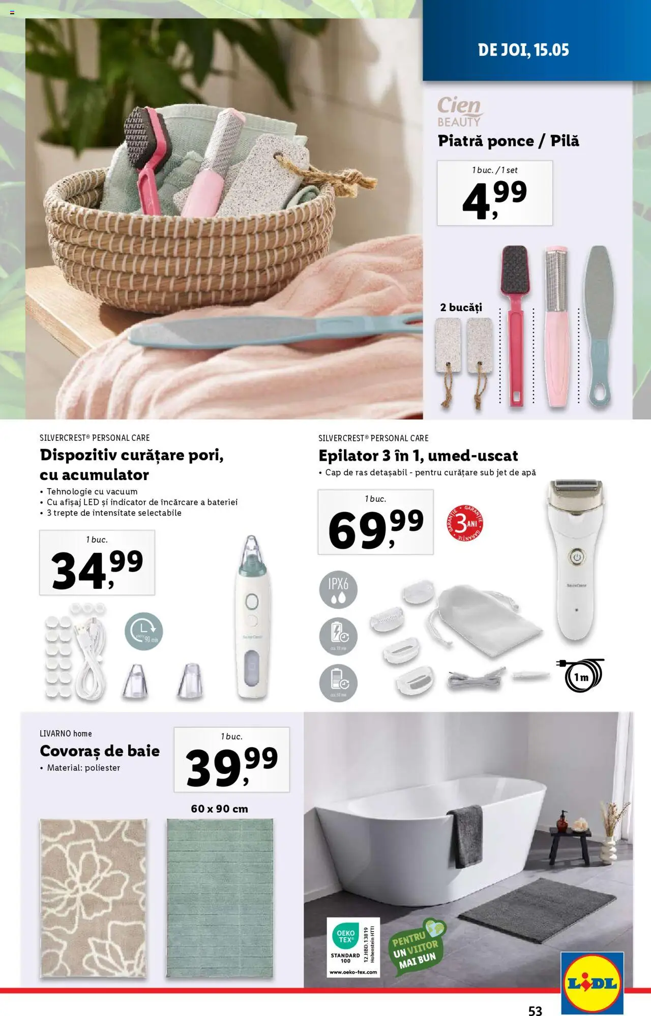 Catalog LIDL 12 - 18 Mai 2025 | Pagina 53 | Produse: Piatră ponce, Epilator, Covoraș de baie, Apă