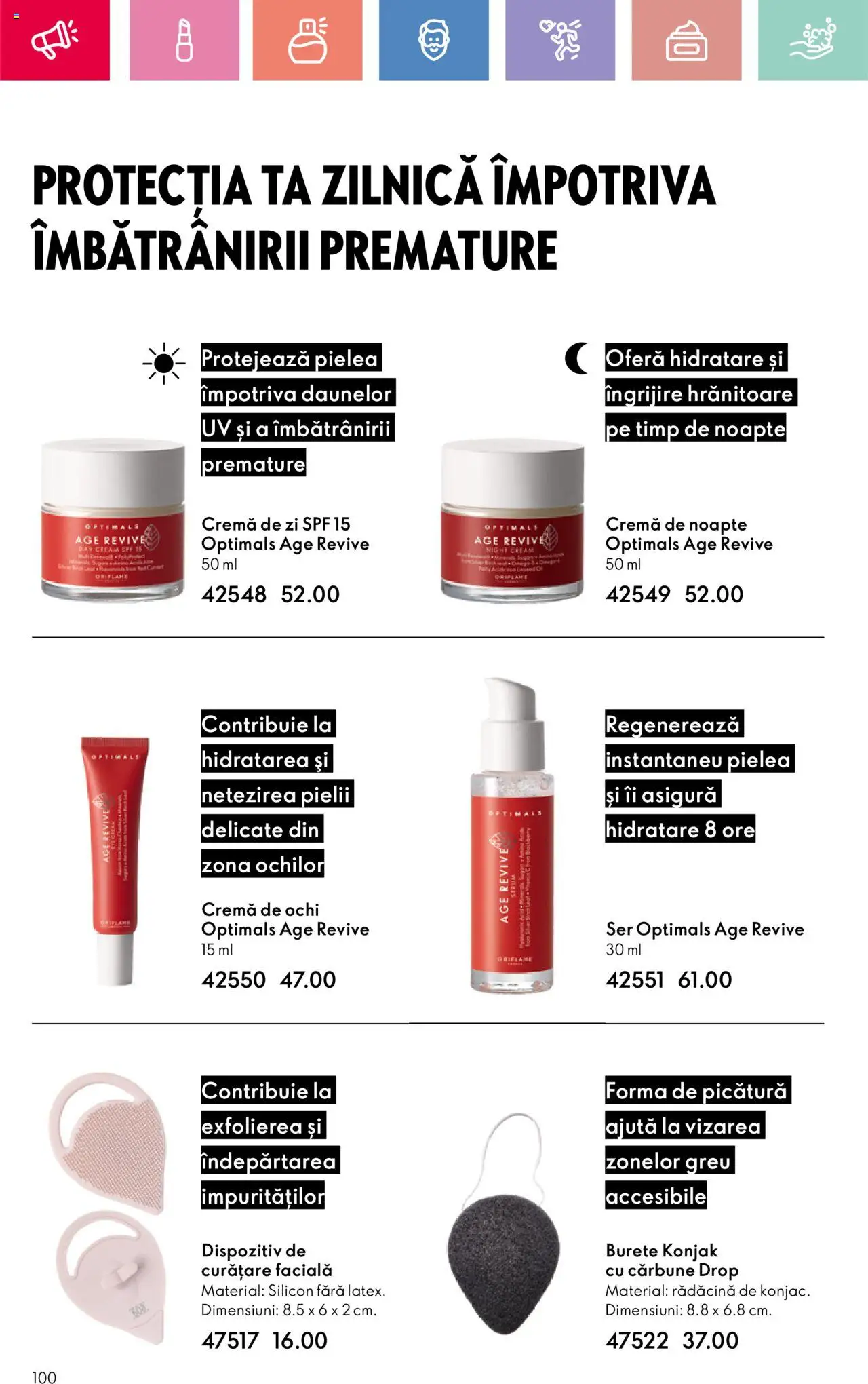 Catalog Oriflame 15 Iunie - 5 Iulie 2025 | Pagina 100 | Produse: Cremă de zi, Cremă de noapte, Burete, Cremă