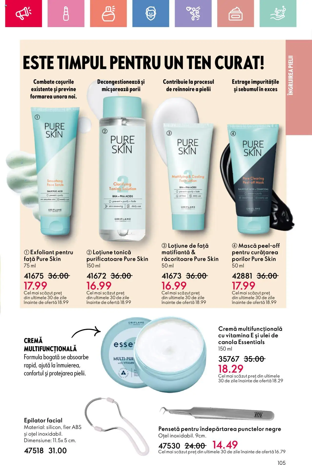Catalog Oriflame 15 Iunie - 5 Iulie 2025 | Pagina 105 | Produse: Loțiune tonică, Exfoliant, Pensetă, Scrub