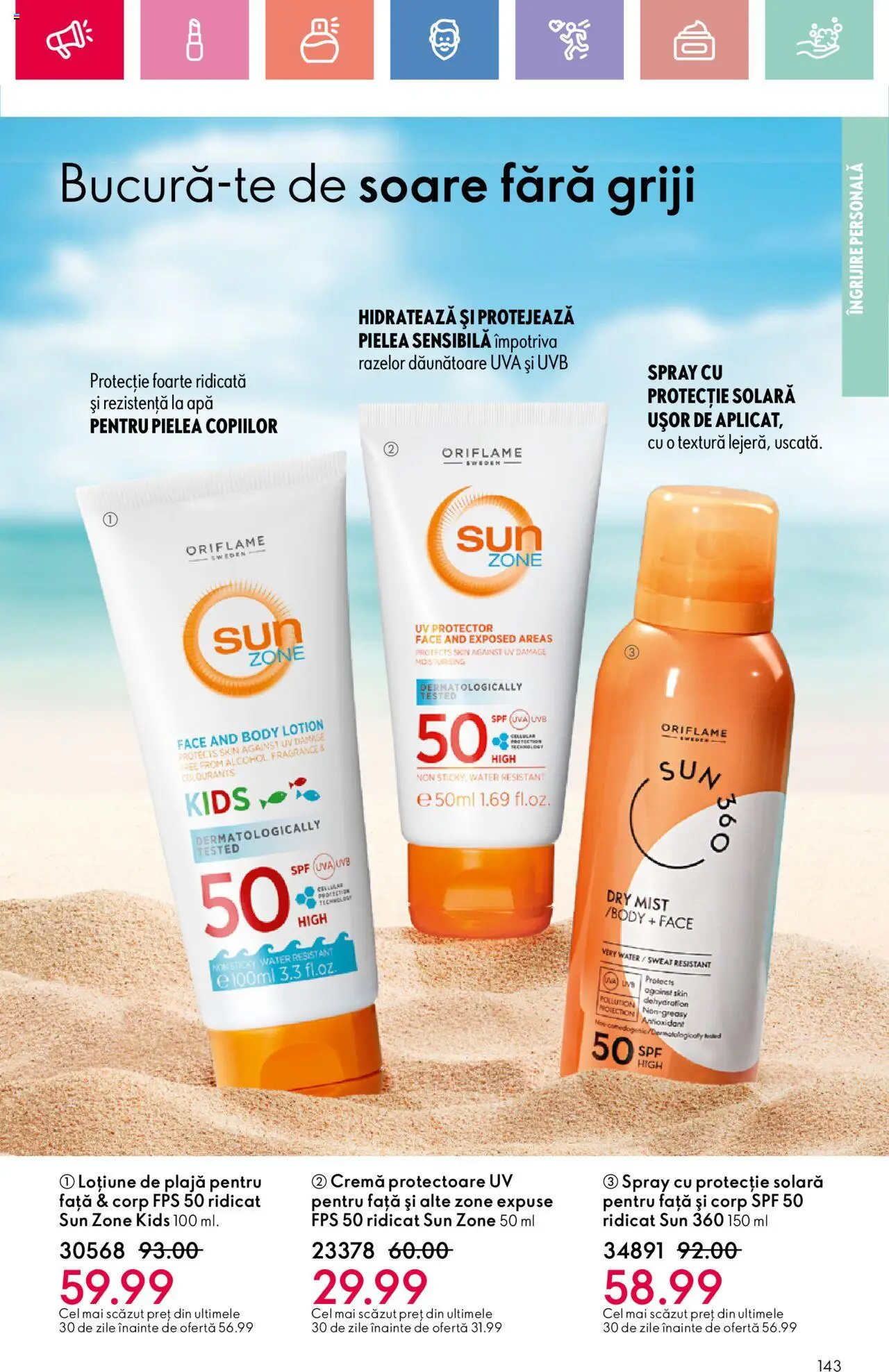 Catalog Oriflame 15 Iunie - 5 Iulie 2025 | Pagina 143 | Produse: Body, Cremă, Protecție solară, Apă