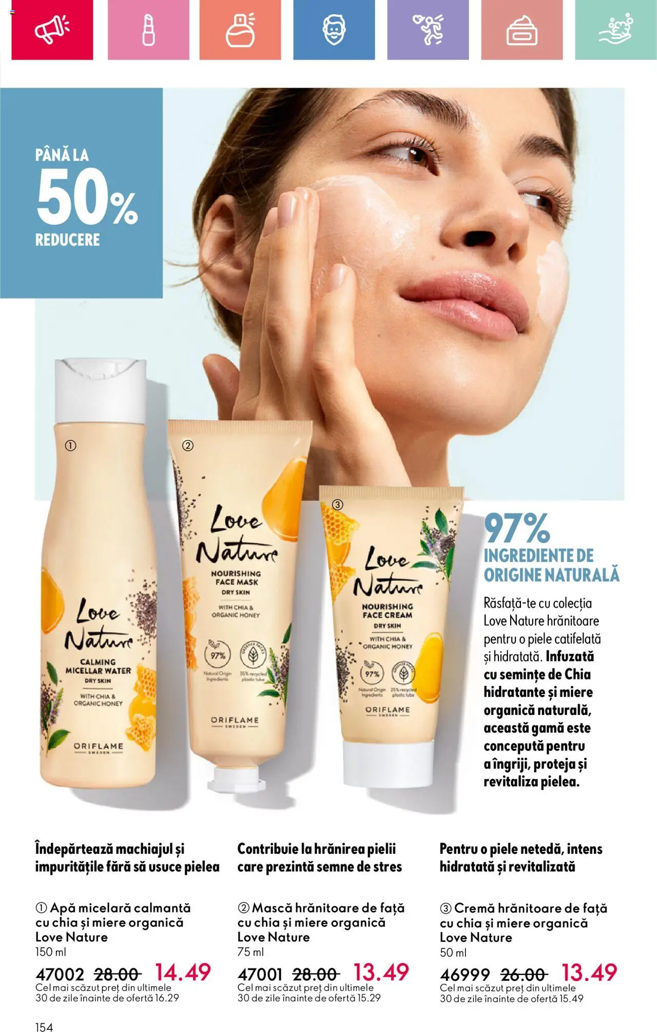 Catalog Oriflame 15 Iunie - 5 Iulie 2025 | Pagina 154 | Produse: Semințe, Cremă, Apă micelară, Apă