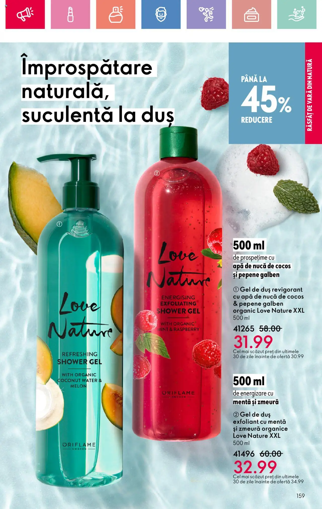 Catalog Oriflame 15 Iunie - 5 Iulie 2025 | Pagina 159 | Produse: Zmeură, Exfoliant, Duș, Apă