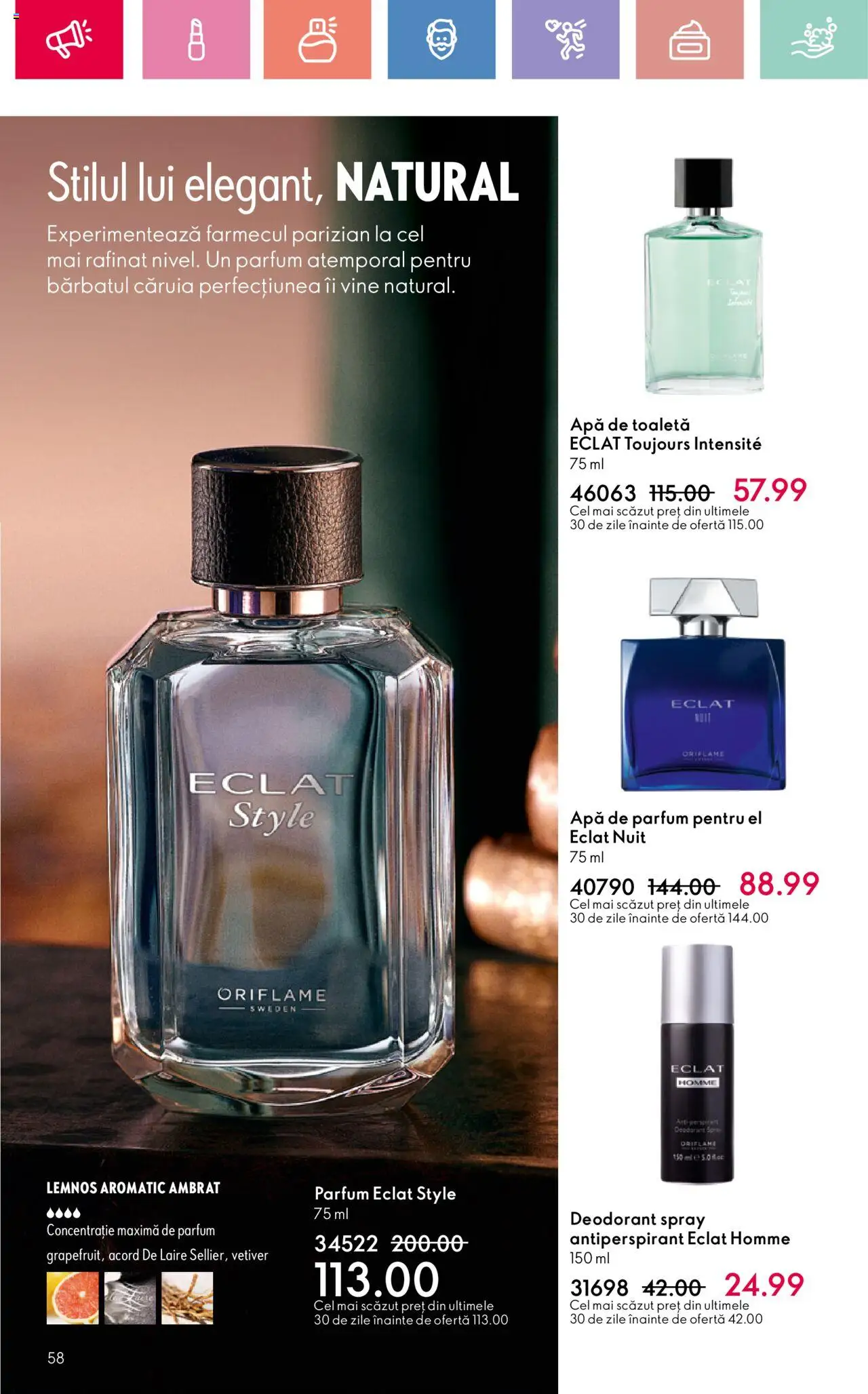 Catalog Oriflame 15 Iunie - 5 Iulie 2025 | Pagina 58 | Produse: Delgeç, Toaletă, Apă de toaletă, Deodorant