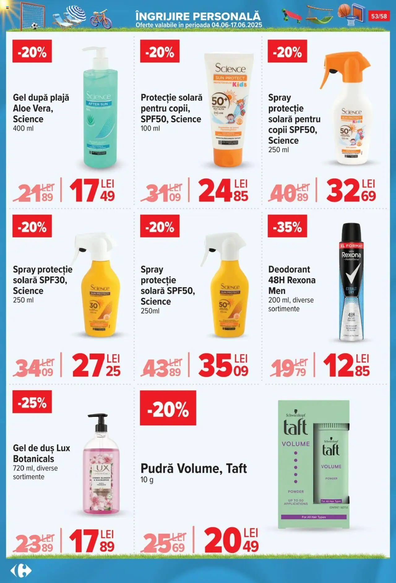 Catalog Carrefour 4 - 30 Iunie 2025 | Pagina 54 | Produse: Duș, Pudră, Protecție solară, Deodorant