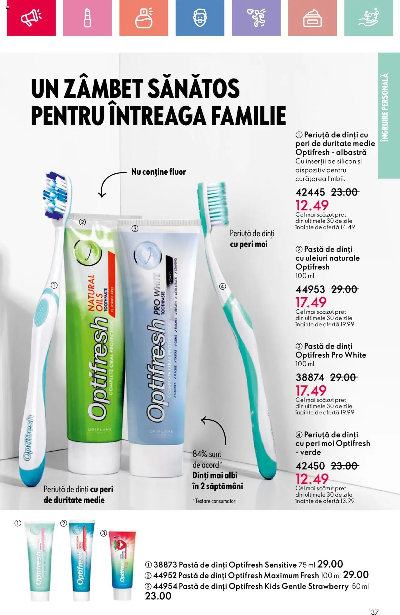 Catalog Oriflame 6 - 25 Iulie 2025 | Pagina 137 | Produse: Pastă de dinți, Periuță de dinți