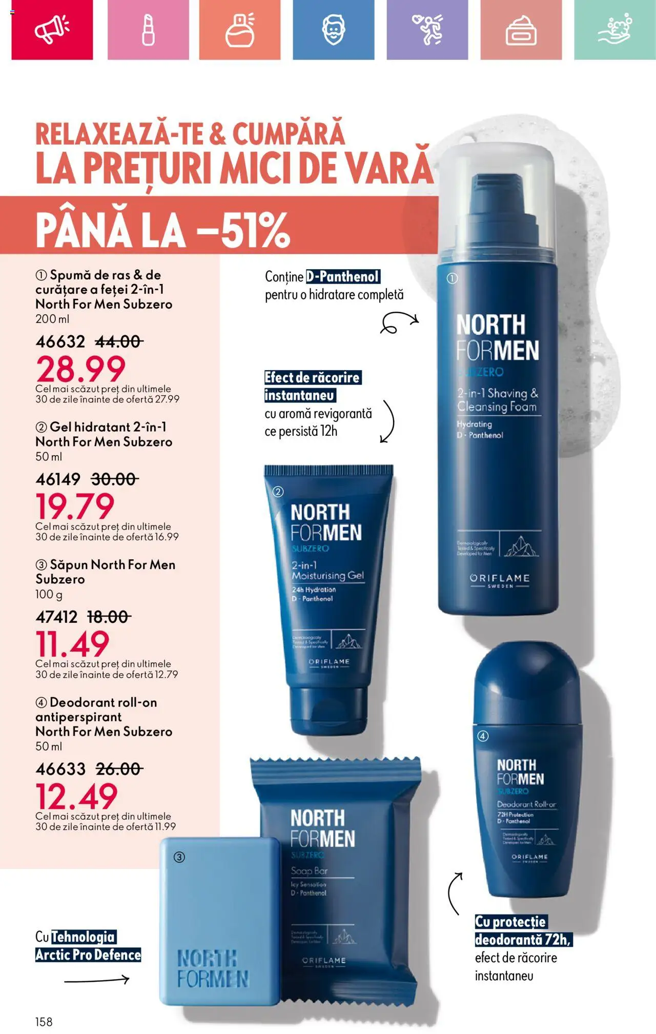 Catalog Oriflame 6 - 25 Iulie 2025 | Pagina 158 | Produse: Mici, Spumă de ras, Săpun, Antiperspirant