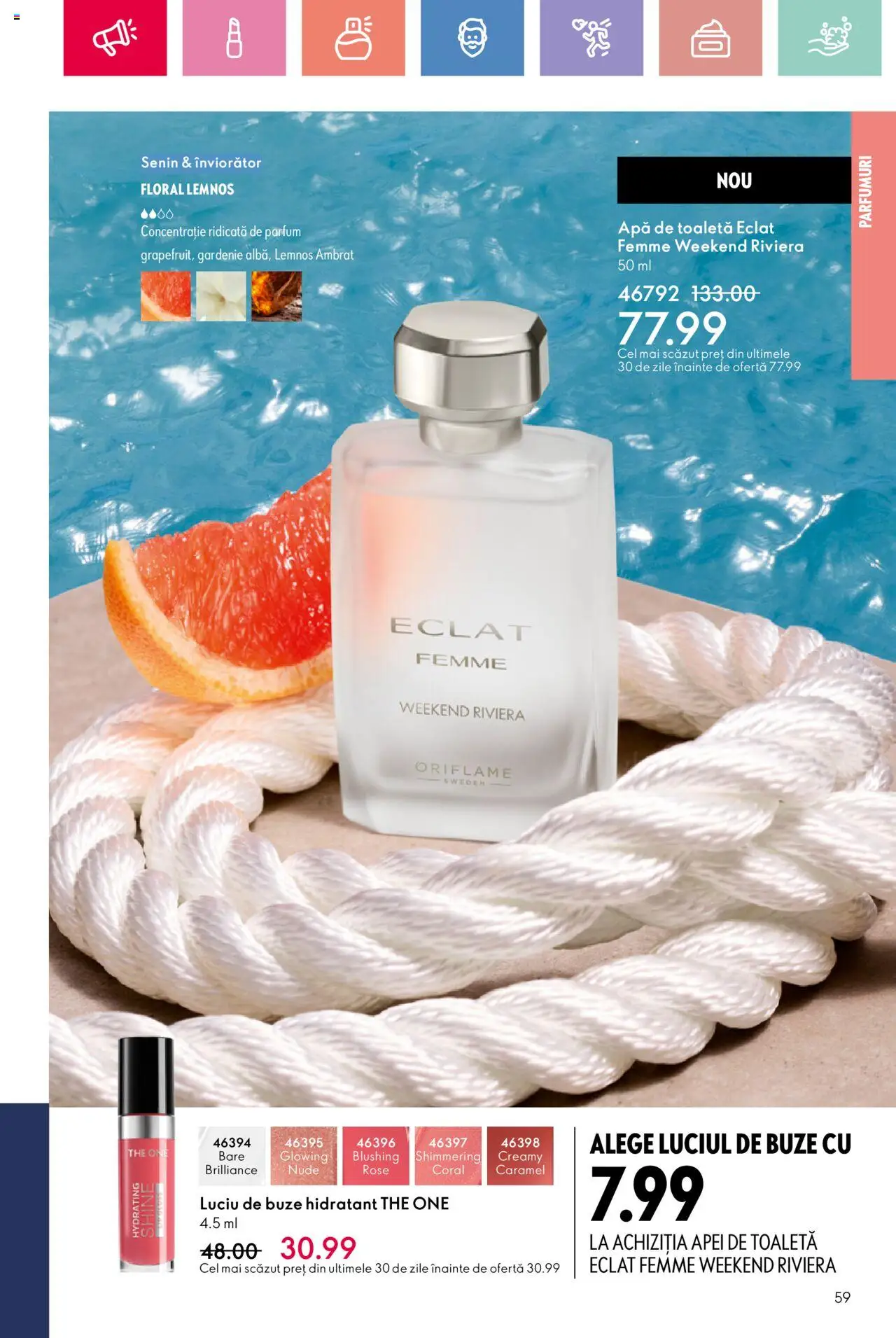 Catalog Oriflame 6 - 25 Iulie 2025 | Pagina 59 | Produse: Toaletă, Apă de toaletă, Luciu de buze, Apă