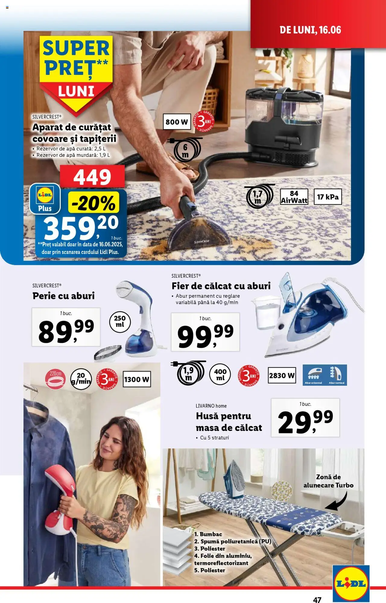 Catalog LIDL 16 - 21 Iunie 2025 | Pagina 47 | Produse: Fier de călcat, Perie, Masă de călcat, Apă