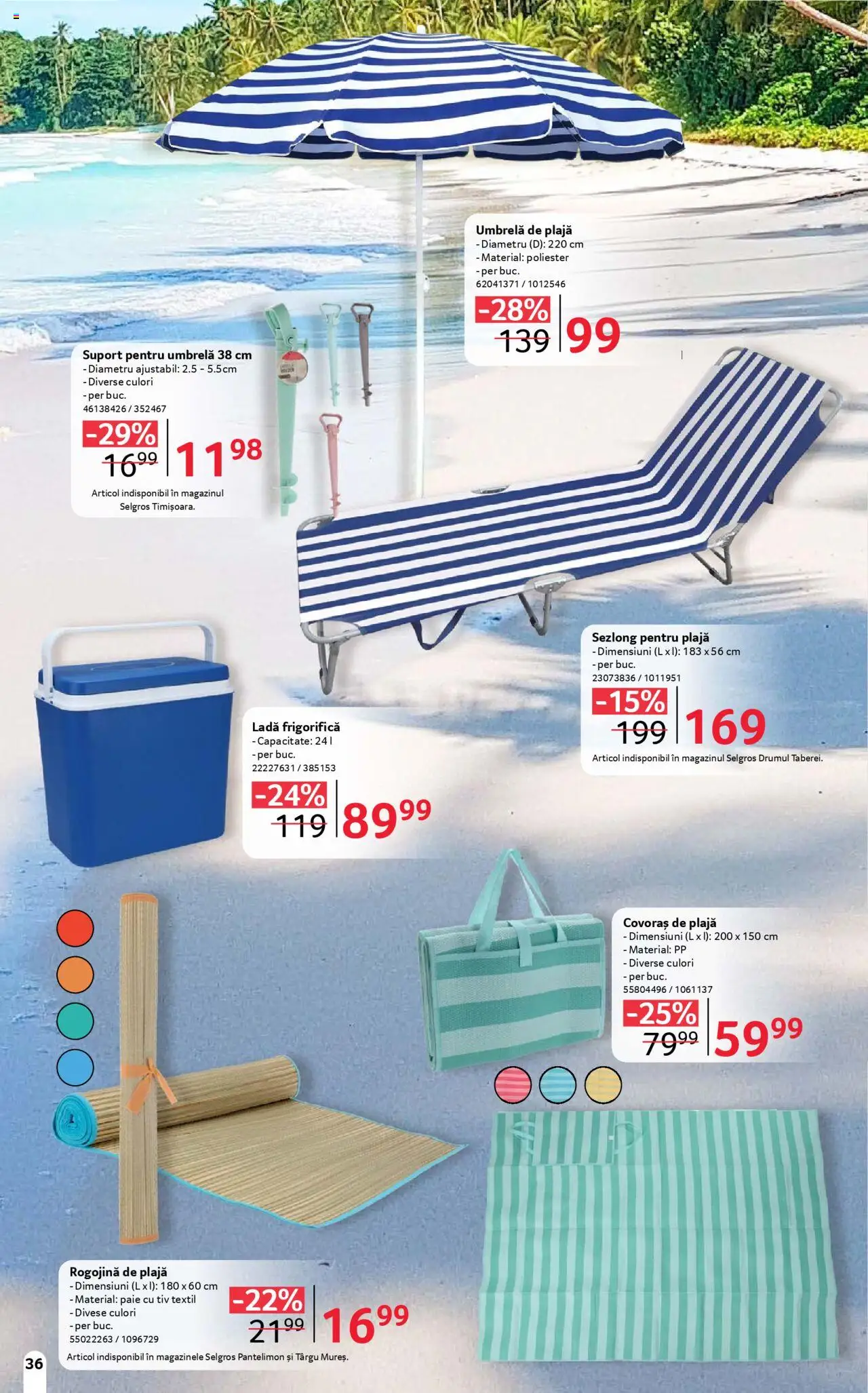 Catalog Selgros 13 Iunie - 9 Iulie 2025 | Pagina 36 | Produse: Umbrelă, Șezlong, Rogojină, Ladă frigorifică
