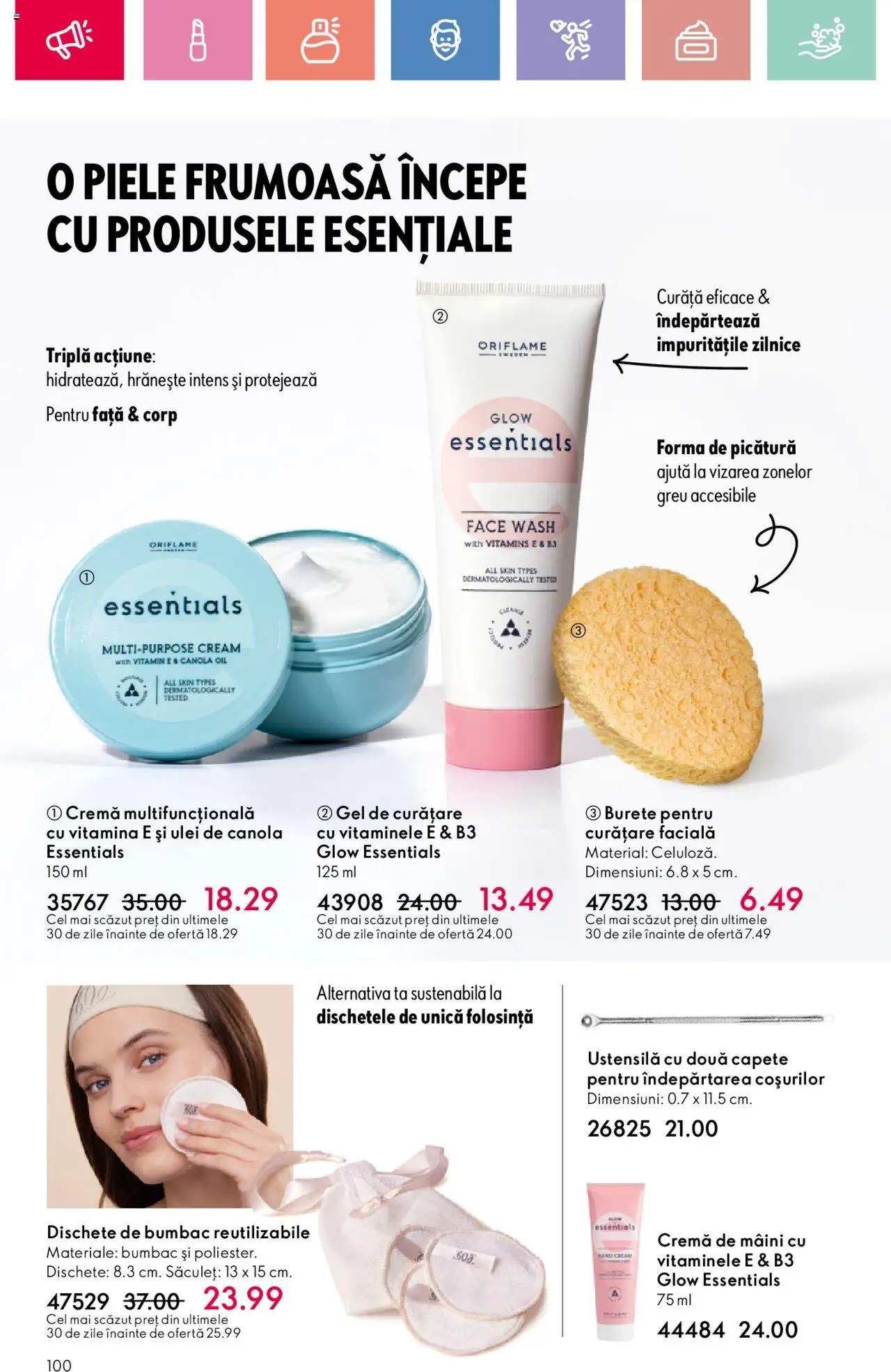 Catalog Oriflame 27 Iulie - 18 August 2025 | Pagina 100 | Produse: Gel de curățare, Burete, Cremă, Ulei