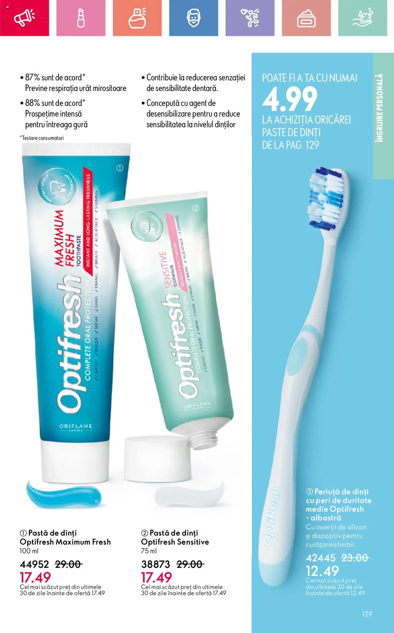 Catalog Oriflame 27 Iulie - 18 August 2025 | Pagina 129 | Produse: Pastă de dinți, Periuță de dinți, Paste