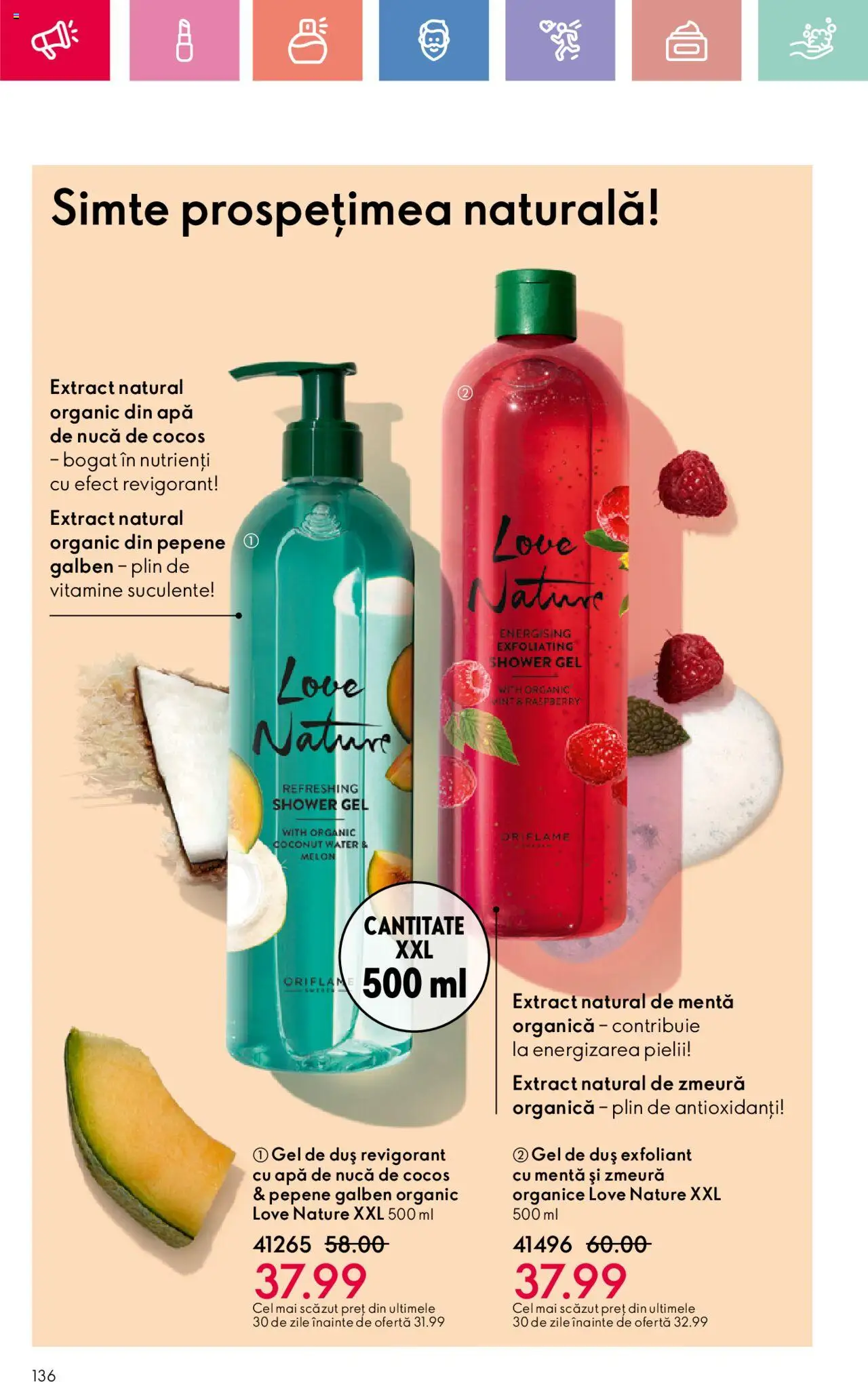 Catalog Oriflame 27 Iulie - 18 August 2025 | Pagina 136 | Produse: Pepene Galben, Duș, Gel de duș, Apă