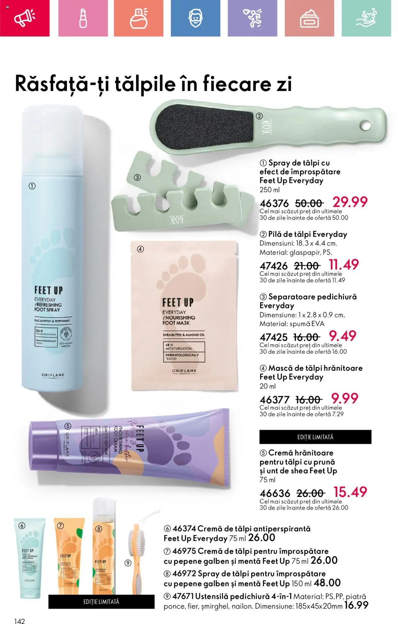 Catalog Oriflame 27 Iulie - 18 August 2025 | Pagina 142 | Produse: Pepene Galben, Pilă de tălpi, Unt, Cremă