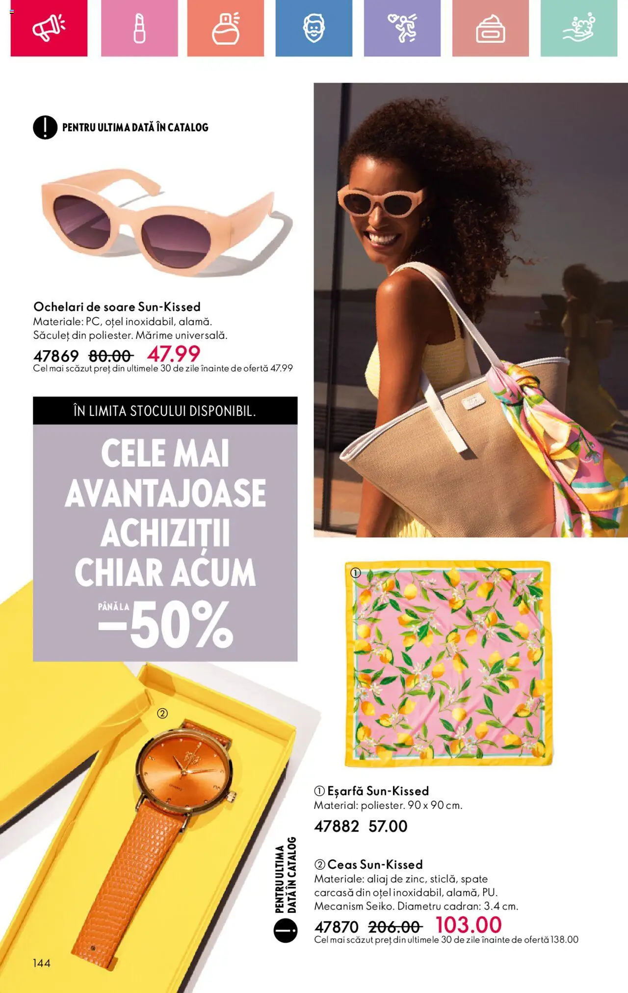 Catalog Oriflame 27 Iulie - 18 August 2025 | Pagina 144 | Produse: Eșarfă, Ochelari, Carcasă, Ochelari de soare