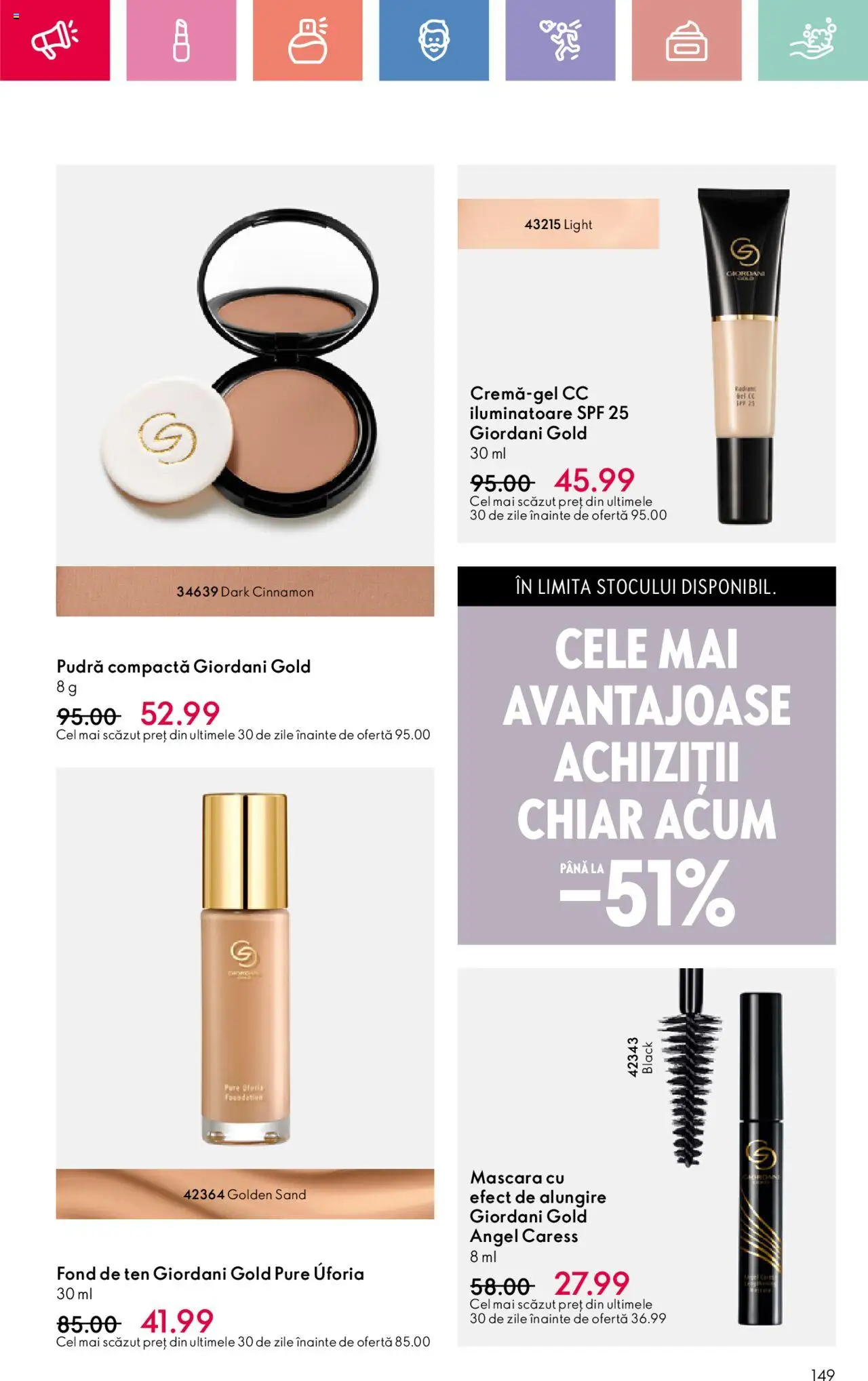 Catalog Oriflame 27 Iulie - 18 August 2025 | Pagina 149 | Produse: Fond de ten, Pudră, Mascara