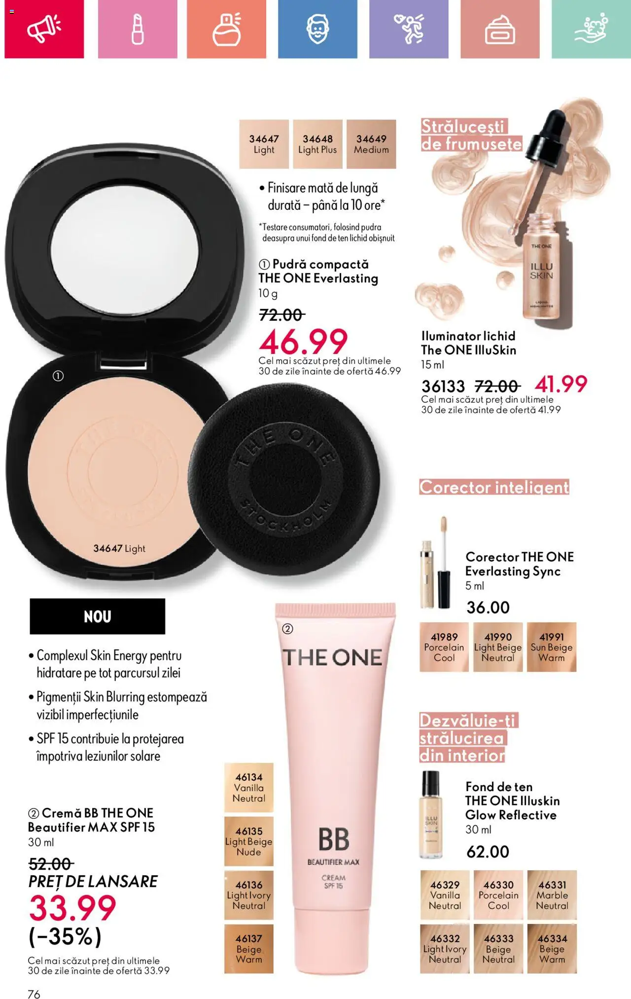 Catalog Oriflame 27 Iulie - 18 August 2025 | Pagina 76 | Produse: Fond de ten, Pudră, Iluminator, Cremă
