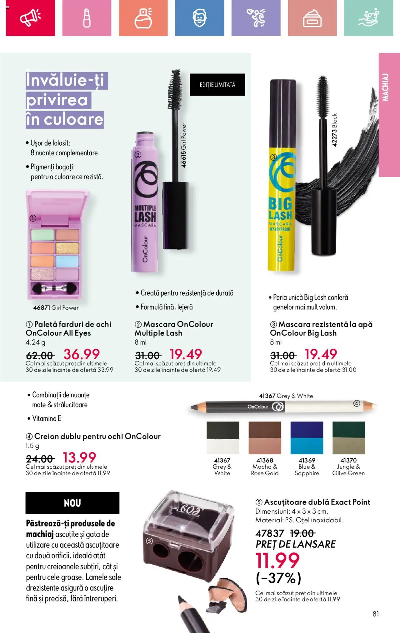 Catalog Oriflame 27 Iulie - 18 August 2025 | Pagina 81 | Produse: Ascuțitoare, Machiaj, Mascara, Apă