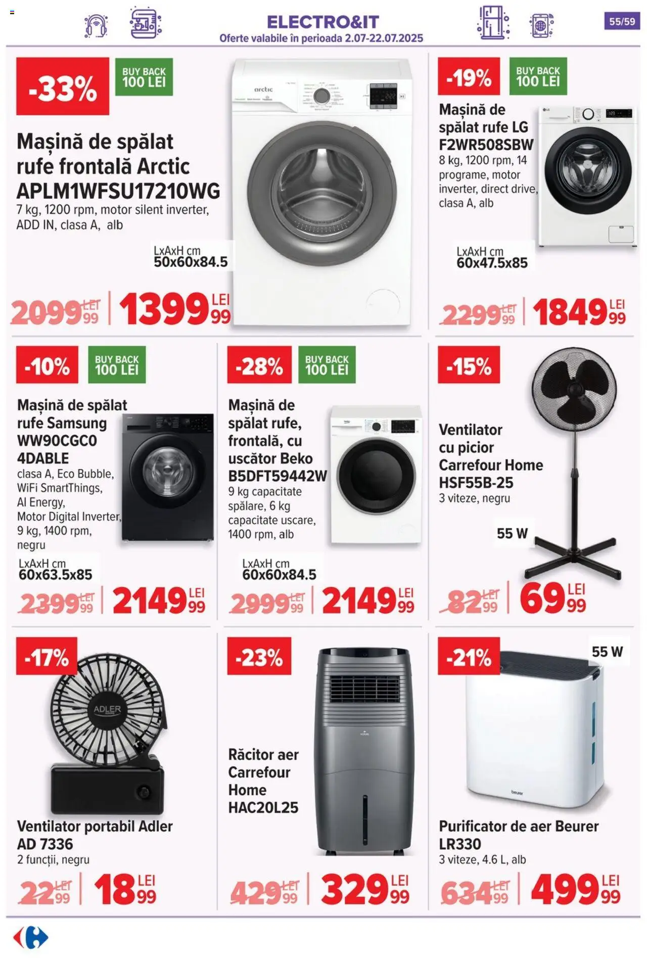 Catalog Carrefour 2 - 7 Iulie 2025 | Pagina 55 | Produse: Mașină De Spălat, Uscător, Ventilator, Purificator De Aer
