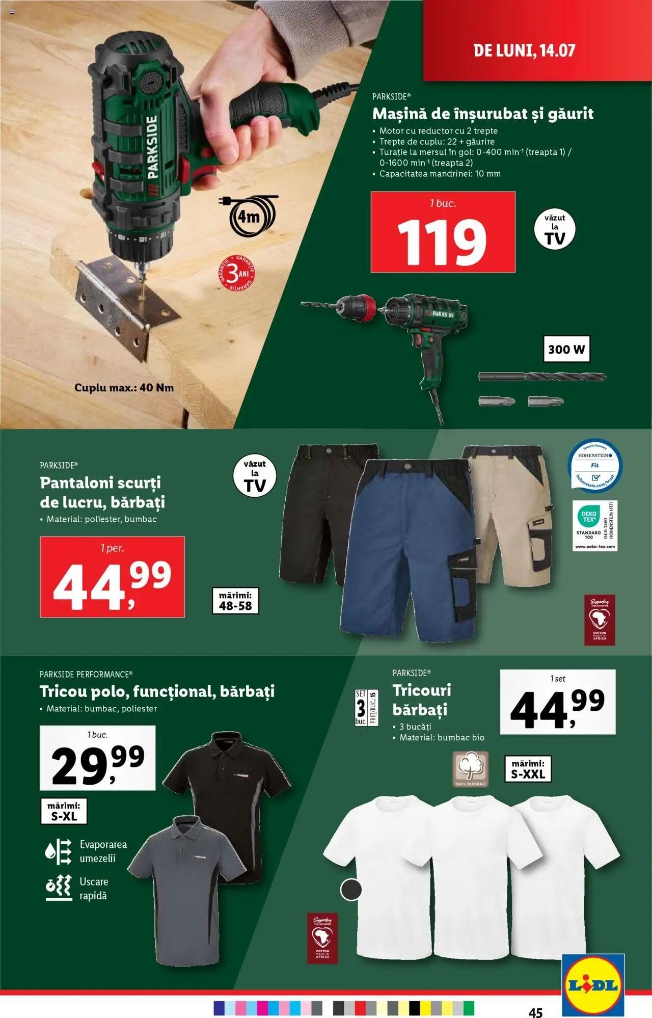 Catalog LIDL 14 - 19 Iulie 2025 | Pagina 45 | Produse: Şerit ödül, Tricou, Pantaloni, Pantaloni scurți