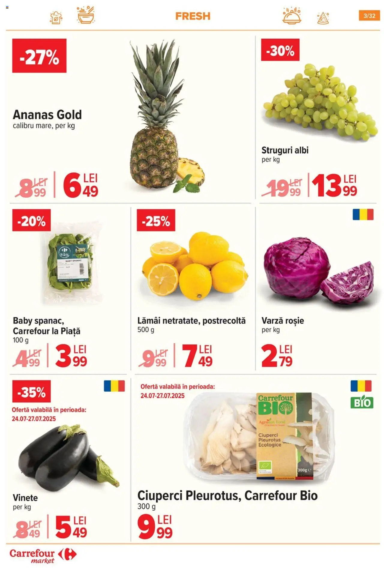 Catalog Carrefour 23 - 28 Iulie 2025 | Pagina 3 | Produse: Varză, Struguri, Ciuperci, Ananas