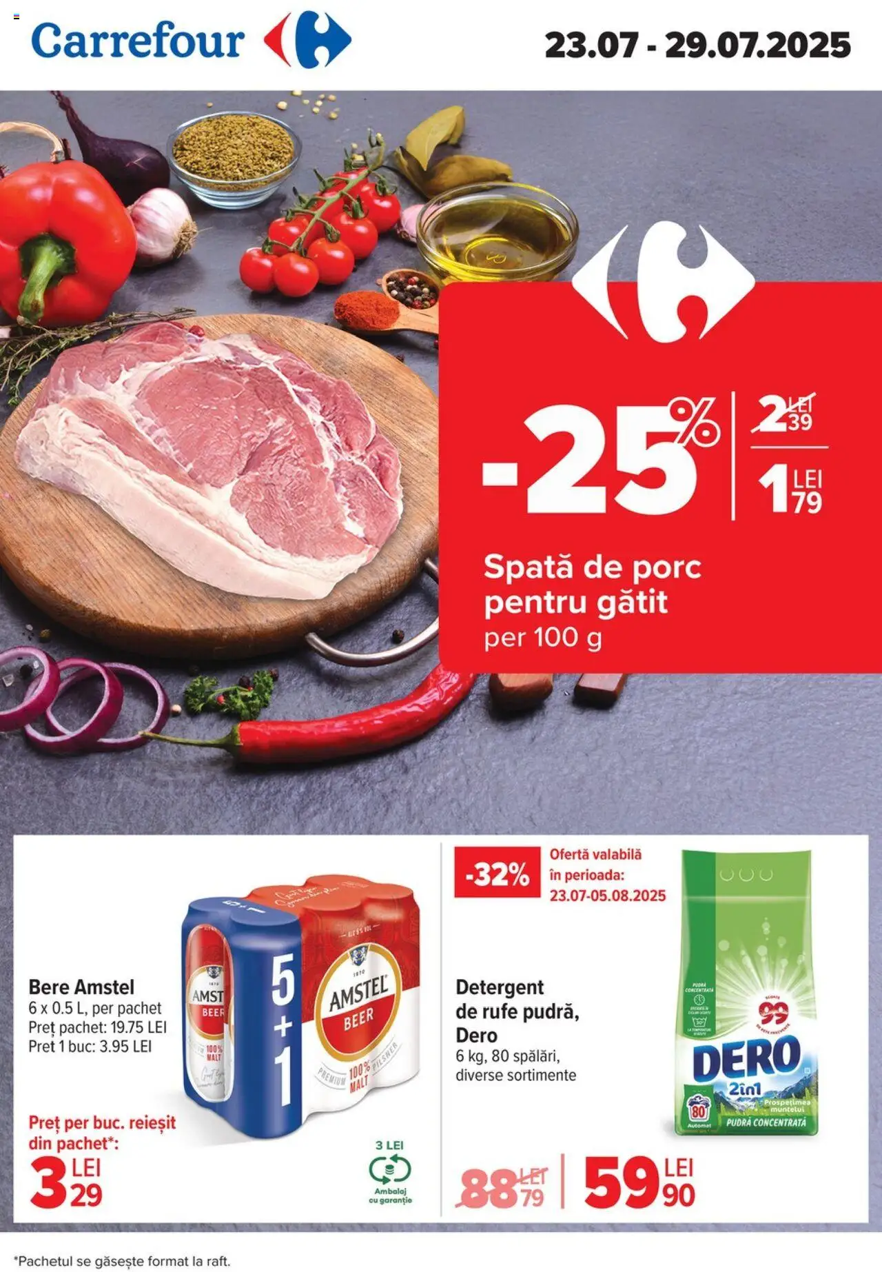 Catalog Carrefour 23 - 28 Iulie 2025 | Pagina 1 | Produse: Pudră, Bere, Detergent