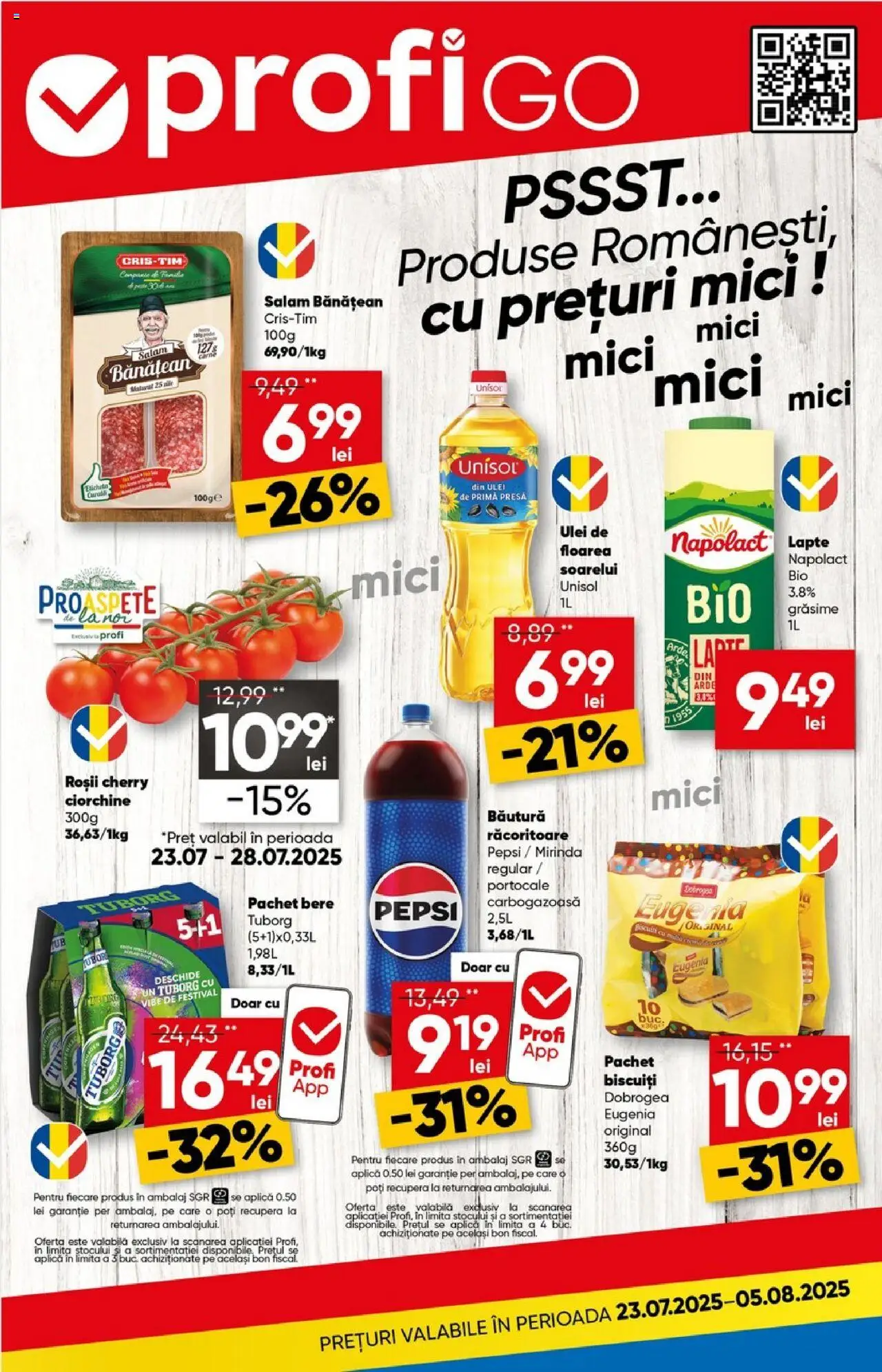 Catalog Profi 23 Iulie - 4 August 2025 | Pagina 1 | Produse: Mici, Lapte, Salam, Biscuiți
