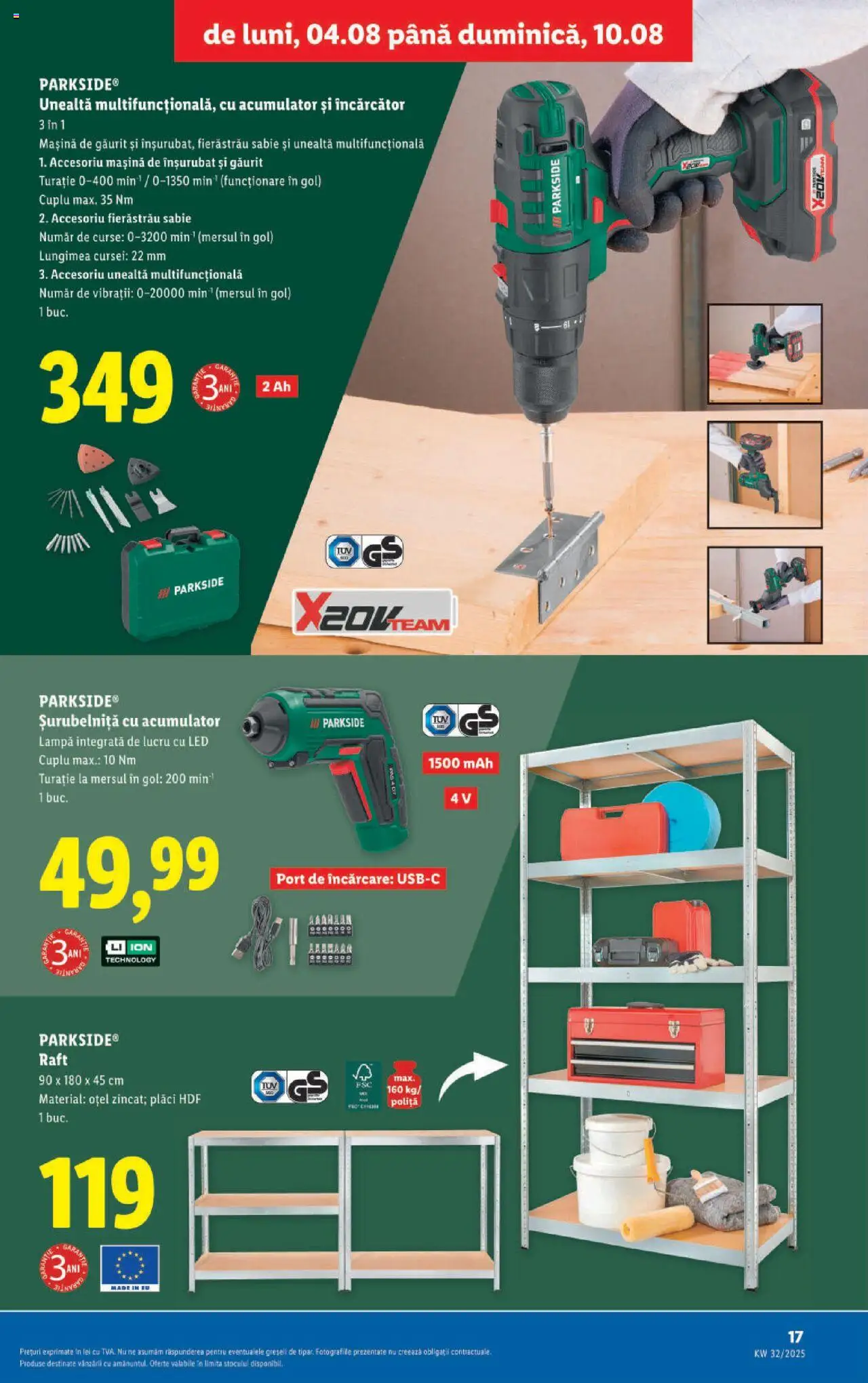 Catalog LIDL 4 - 9 August 2025 | Pagina 17 | Produse: Mașină de găurit, Încărcător, Raft, Babak