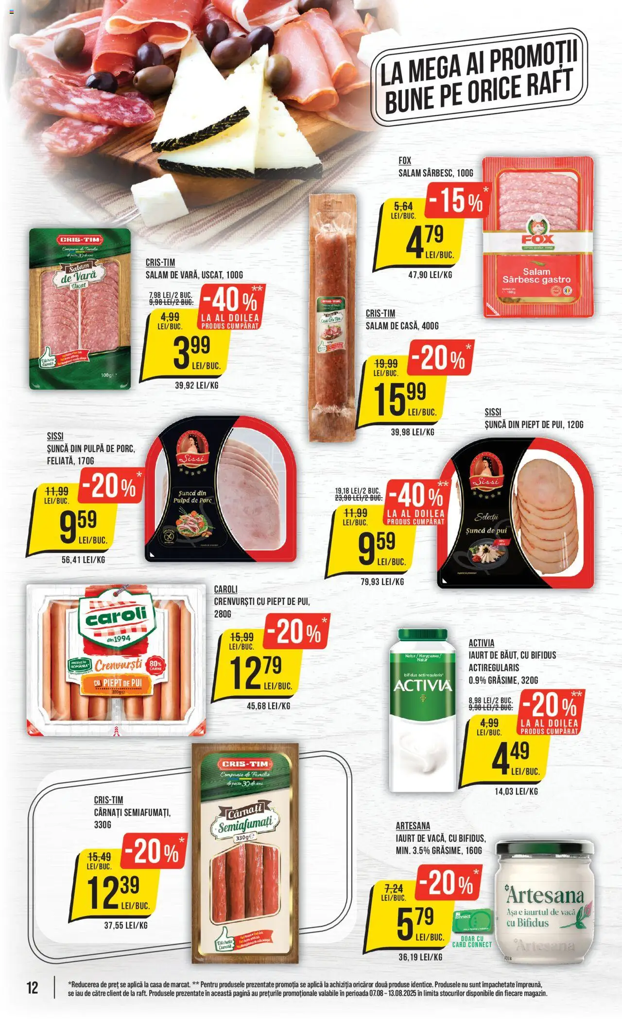 Catalog Mega Image 7 - 12 August 2025 | Pagina 12 | Produse: Raft, Iaurt, Șuncă, Cârnați
