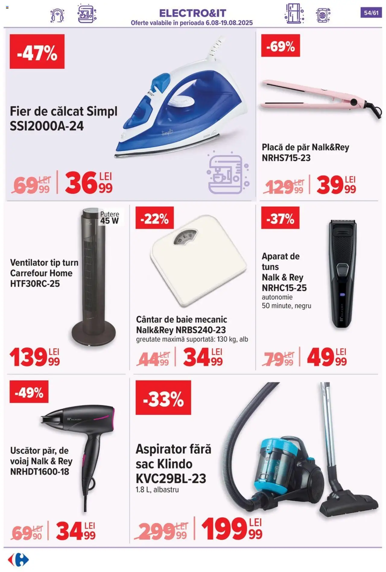 Catalog Carrefour 13 - 18 August 2025 | Pagina 55 | Produse: Fier de călcat, Uscător, Aspirator, Cântar