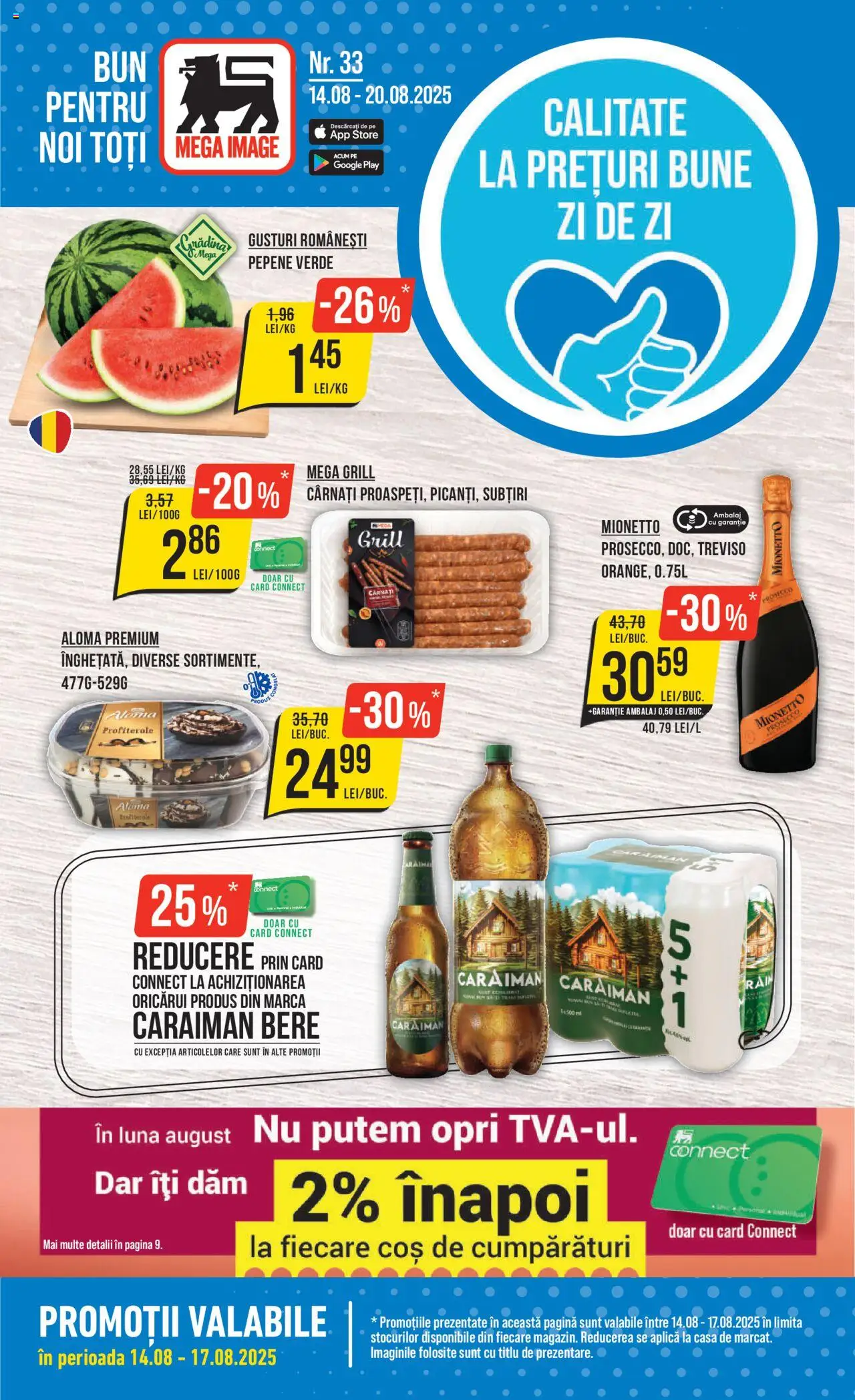 Catalog Mega Image 14 - 19 August 2025 | Pagina 1 | Produse: Grill, Prosecco, Bere, Cârnați