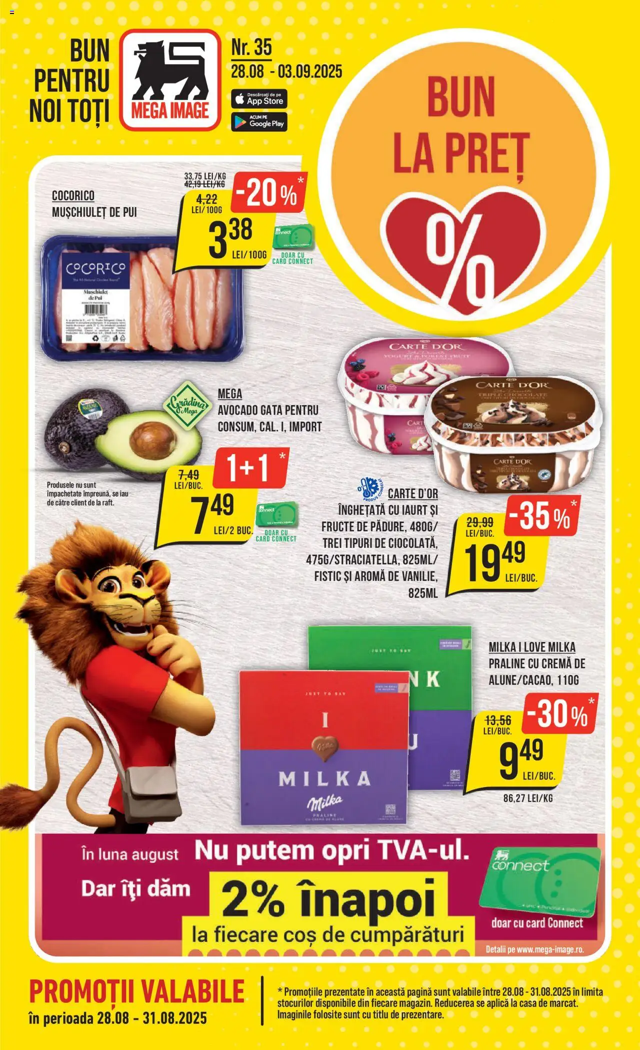 Catalog Mega Image 28 August - 2 Septembrie 2025 | Pagina 1 | Produse: Praline, Înghețată, Avocado, Fructe