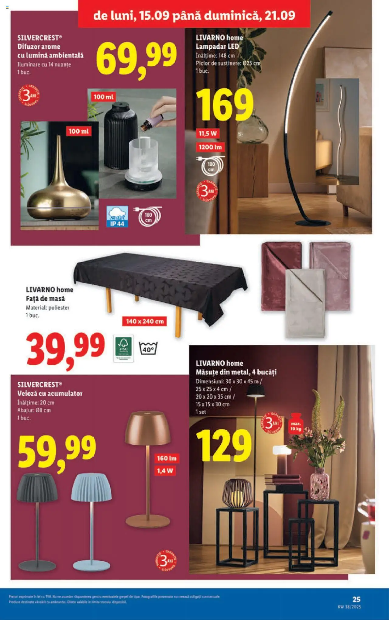 Catalog LIDL 15 - 20 Septembrie 2025 | Pagina 25 | Produse: Tavuk suyu, Difuzor, Față de masă, Veioză