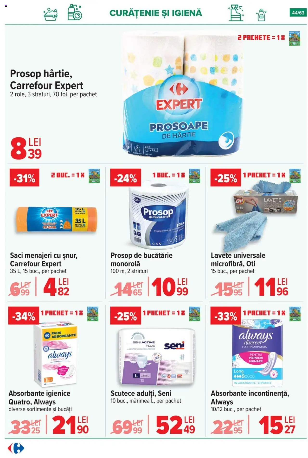 Catalog Carrefour 17 - 29 Septembrie 2025 | Pagina 44 | Produse: Saci menajeri, Lavete, Absorbante, Scutece