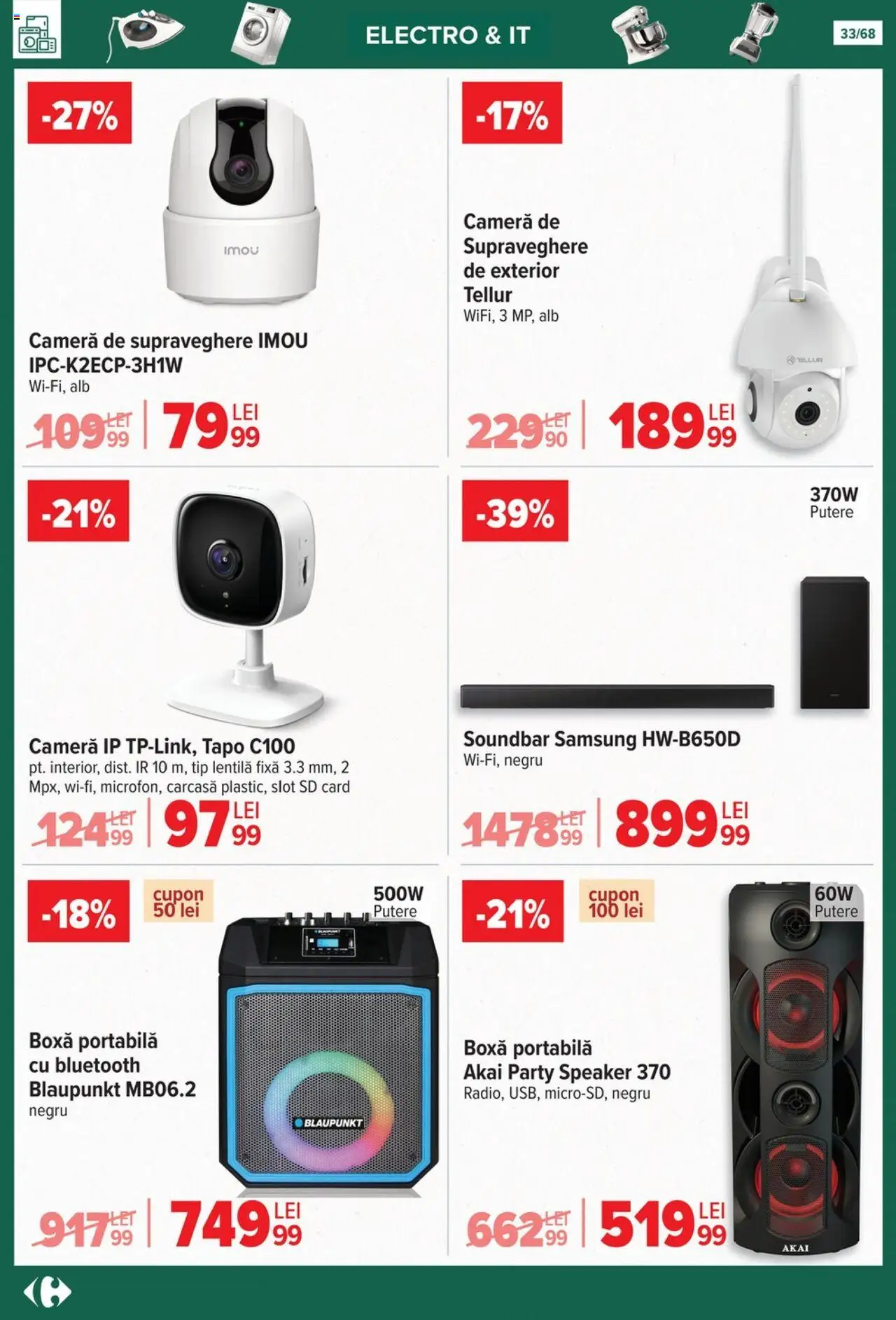 Catalog Carrefour 24 Septembrie - 27 Octombrie 2025 | Pagina 33 | Produse: Soundbar, Cameră, Carcasă, Boxă portabilă